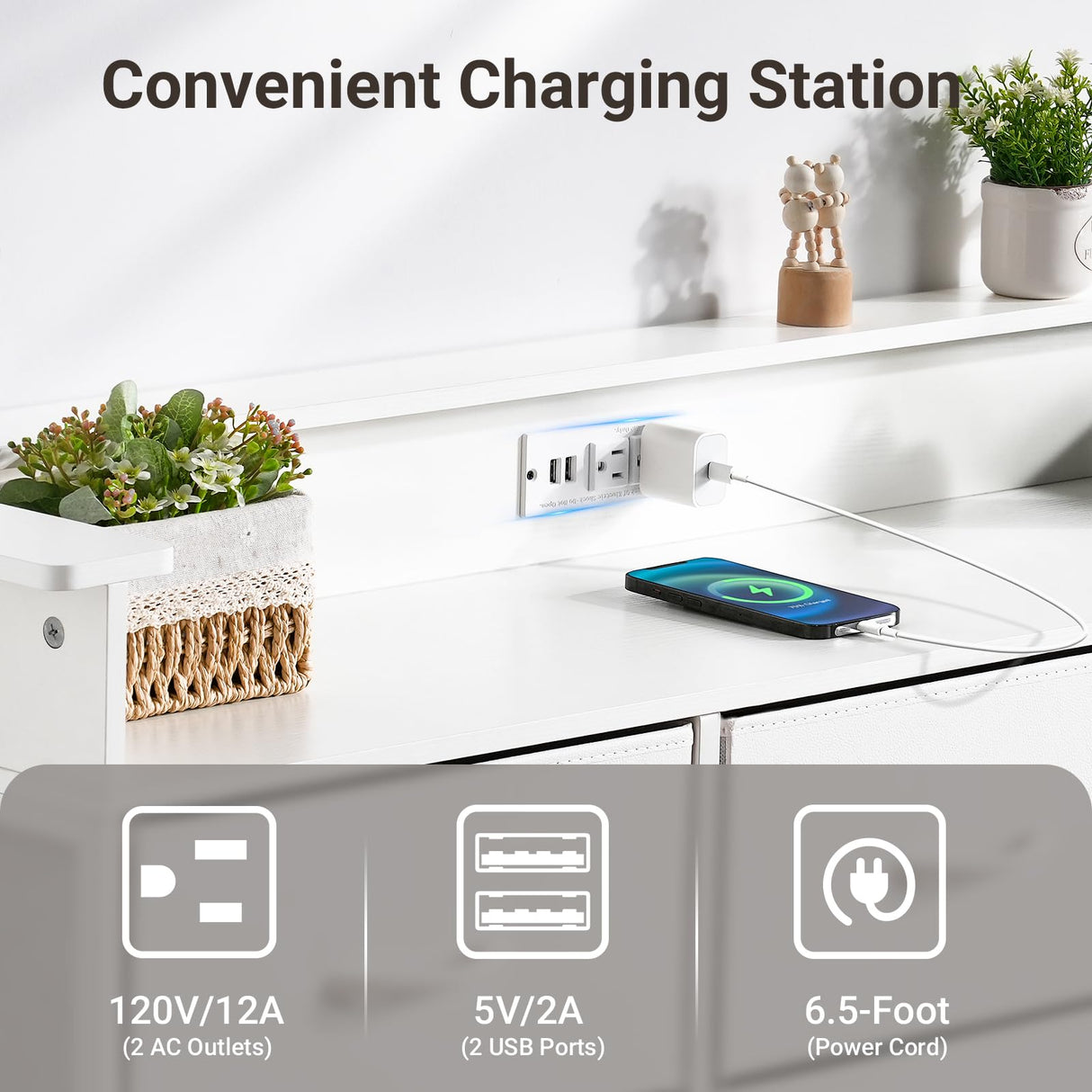 ELYKEN White Dresser with LED Light for Bedroom, Dresser with 9 Drawers and Charging Station, Fabric Chest of Drawers with PU Finish Storage Drawers for Entryway Closet Living Room Hallway Guest Room ELYKEN