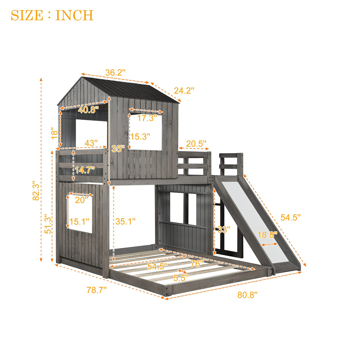 Harper & Bright Designs House Bunk Beds Twin Over Full Size, Wood Bunk Beds with Roof and Window (Distressed Grey, Twin Over Full (with Slide)) Harper & Bright Designs