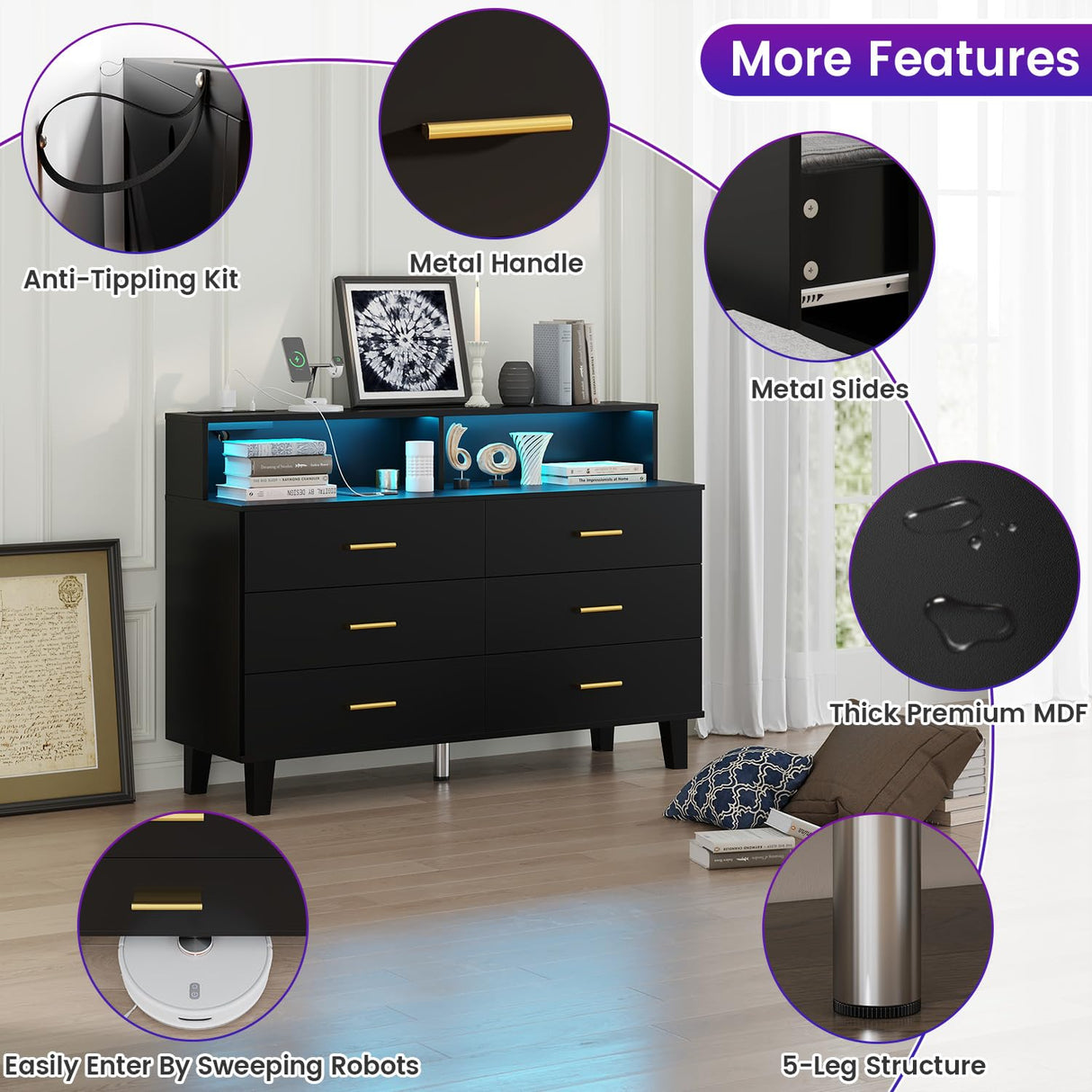 knoworld Black Dresser with LED Lights, 6 Drawer Dresser with Power Outlet for Bedroom, Large Wooden Chest of Drawers, Organizer Cabinet for Bedroom,Living Room,Hallway, Entryway knoworld