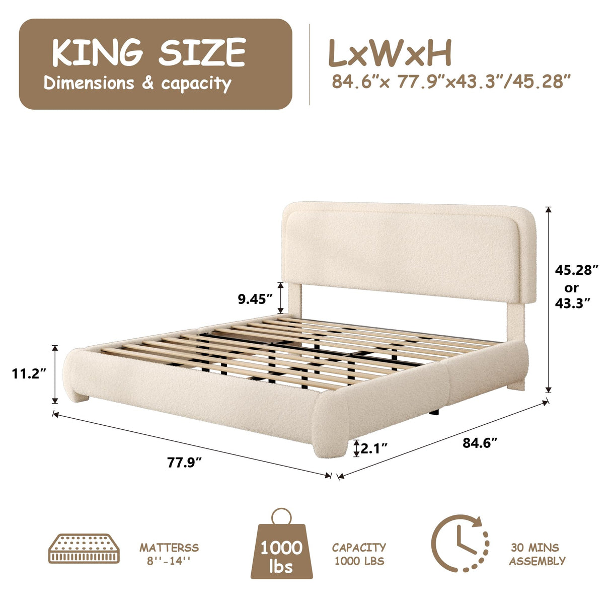 GLOLLOSPARK King Size Boucle Bed Frame, Cloud Upholstered Platform Bed with Height Adjustable Headboard & Soft Rounded Corners, No Box Spring Needed, Noise Free, Easy Assembly, Beige GLOLLOSPARK