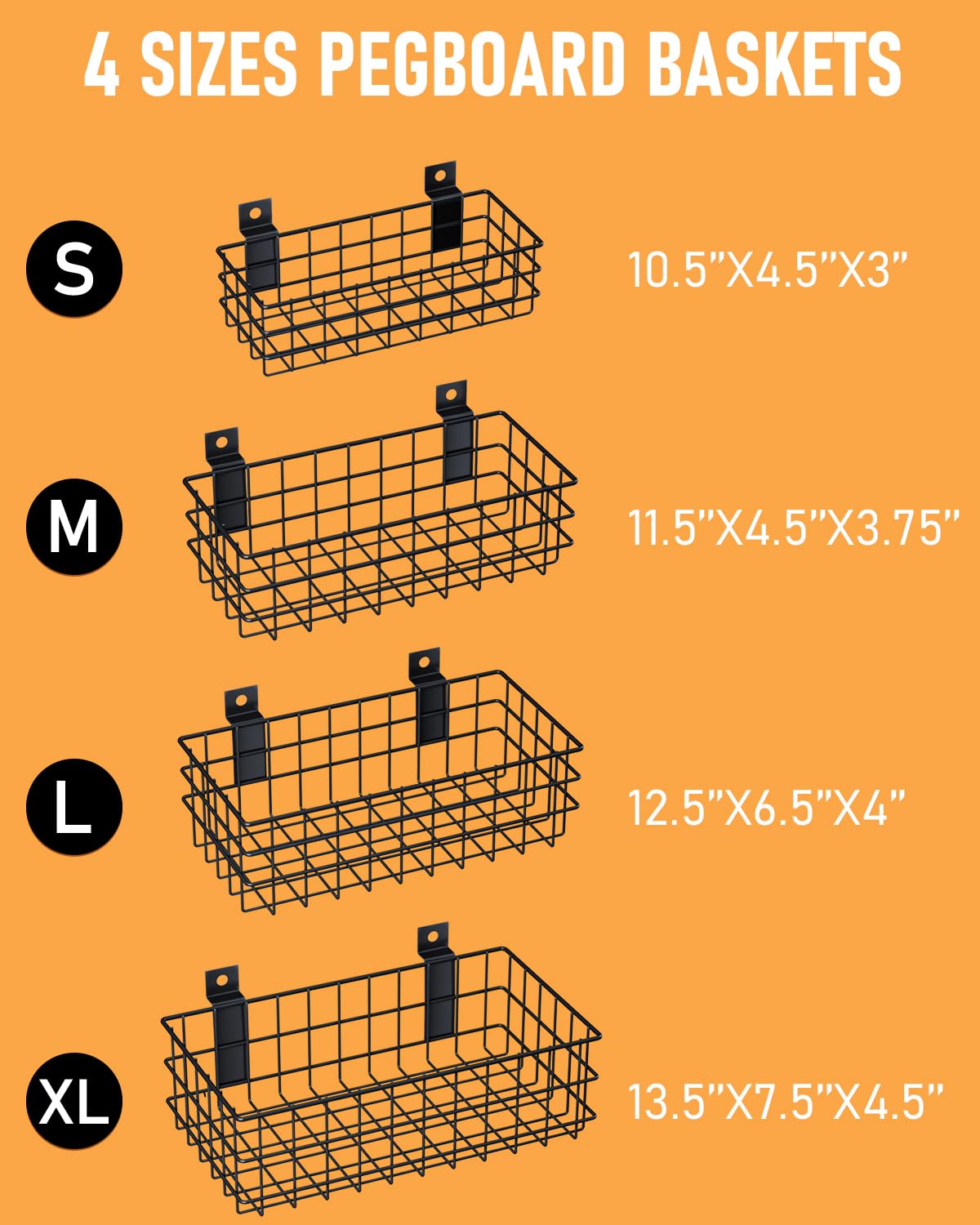 INCLY 4 Pack Black Slatwall Baskets Set, Ventilated Metal Hanging Storage Slat Wall Basket, Mounted Slatwall Accessories for Garage Rooms Shops Storage Organizing Display on Slatwall Panels INCLY