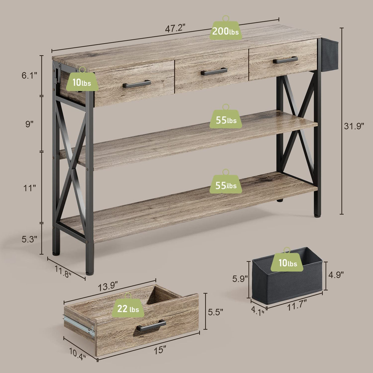 Gizoon 47" Console Table with 3 Drawers, Industrial Entryway Table with 3 Tier Storage Shelves, Narrow Long Sofa Table for Entry Way, Hallway, Couch, Living Room, Kitchen, Grey Gizoon