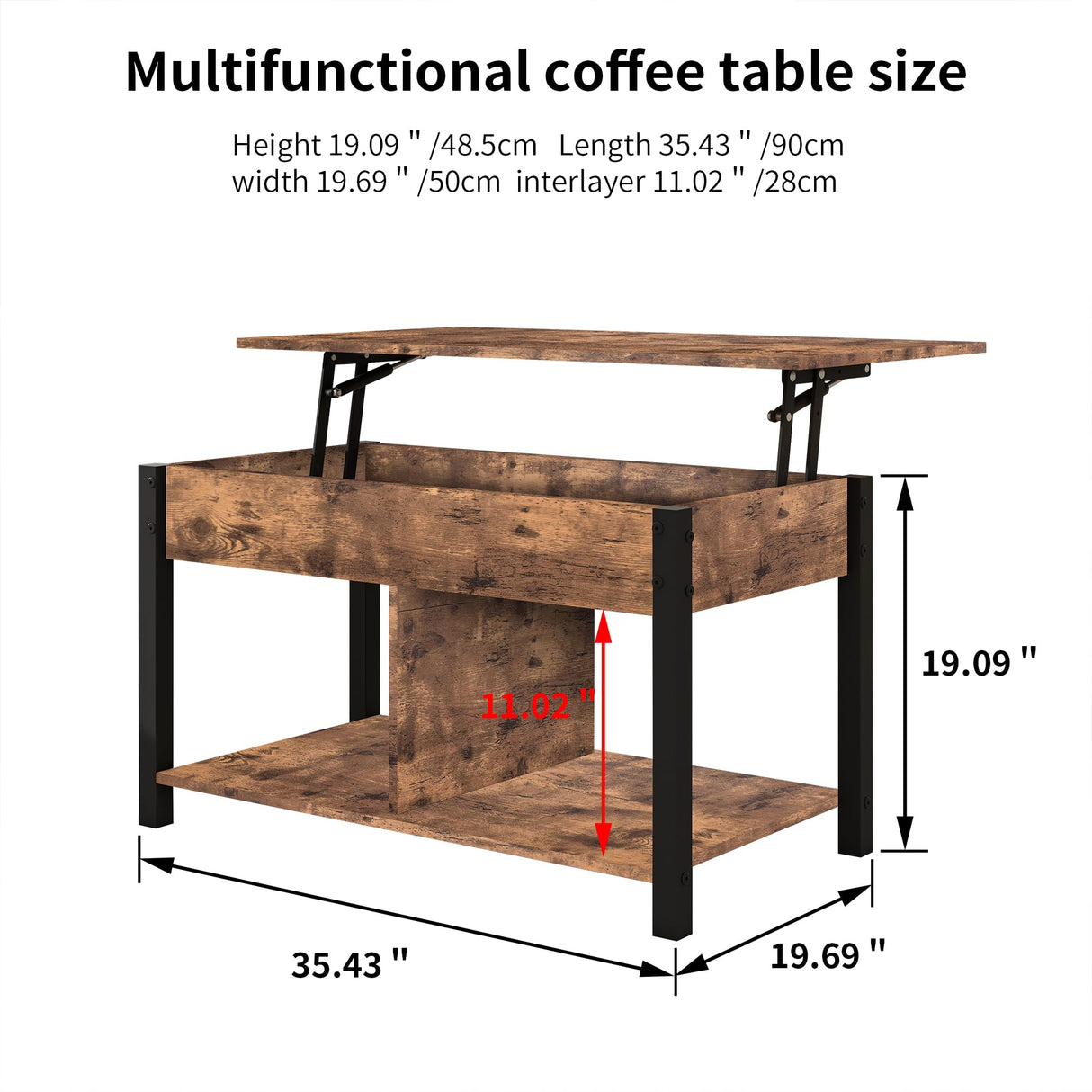 HOMERECOMMEND Lift Top Coffee Table with Storage Shelf and Hidden Compartments,Coffee Tables for for Living Room,Rustic Brown Lift Top Coffee Table HOMERECOMMEND
