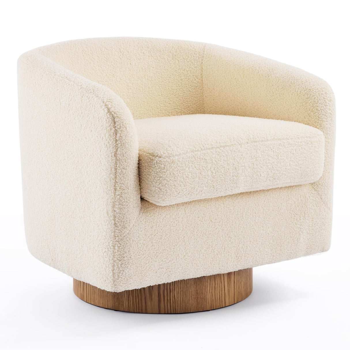VINGLI 360°Swivel Accent Chair with Engineered Wood Base and Removable Cushion for Living Room, Bedroom, Curved Back Barrel Chair for Small Space, Upholstered Bucket Armchair, Teddy Khaki VINGLI