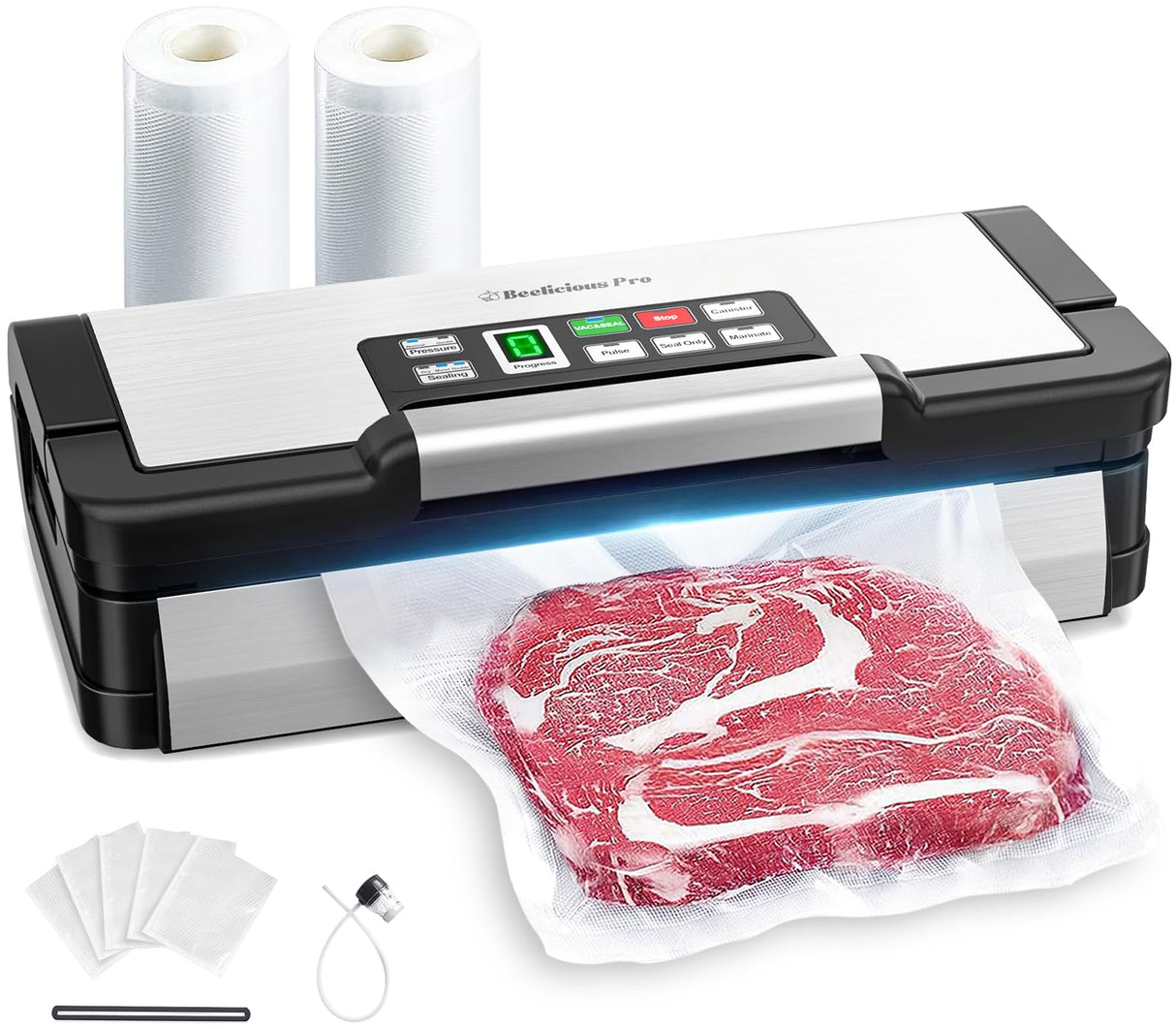 Precision Vacuum Sealer Machine Pro, 2X Seal & 130W Pump Powerful Vacuum Sealer for Food,10-in-1 Functions with Handle Design, Built-in Cutter&Bags Storage&Hose, 2 Bags Rolls, Stainless Steel Beelicious Pro
