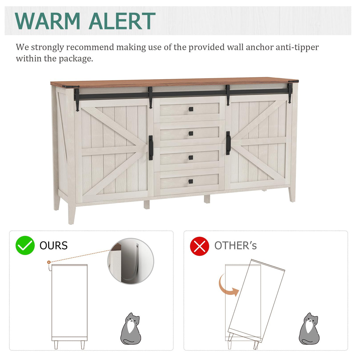 GlouMod 60" Farmhouse TV Stand & Dresser - White Entertainment Center with Sliding Barn Door, Retro Wood Chest for Living Room or Bedroom Storage GlouMod