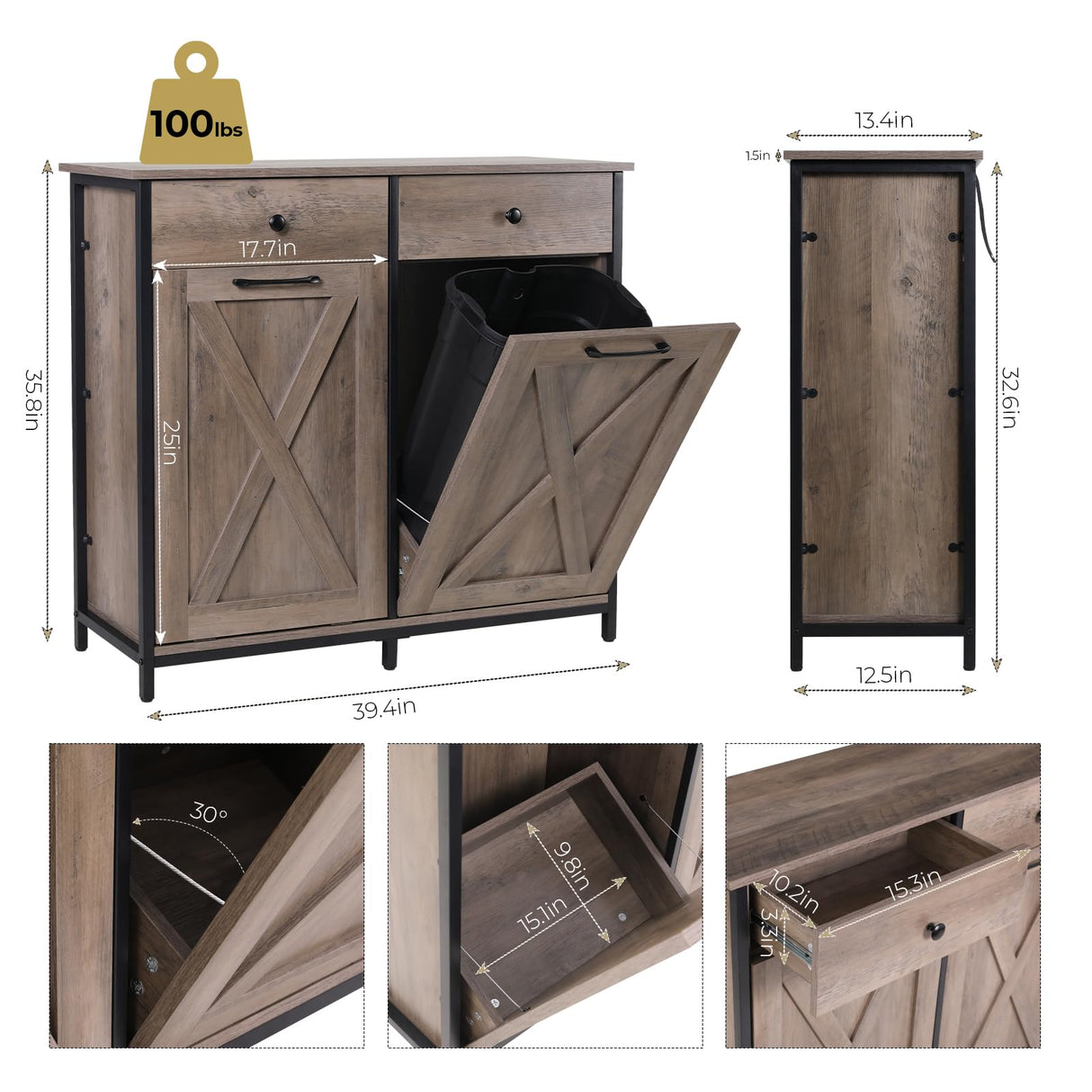 Arlopu Double Tilt Out Trash Cabinet, 20 Gallon Pet Proof Kitchen Pull Out Recycle Cabinet, Freestanding Wooden Laundry Sorter Cabinet, W/Drawer, Barn Door, for Home, Living Room, (Greige) Arlopu