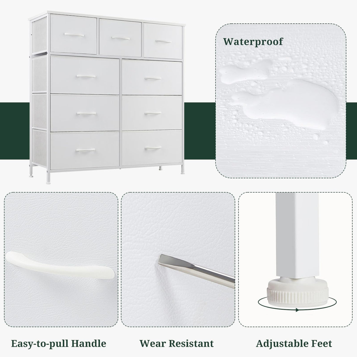 9-Drawer Dresser for Bedroom, Anti-Tip Tall Storage Organizer Chest of Drawers with Wooden Top and Metal Frame Fabric Bins for Closet, Living Room, Hallway, Entryway, White SageNest