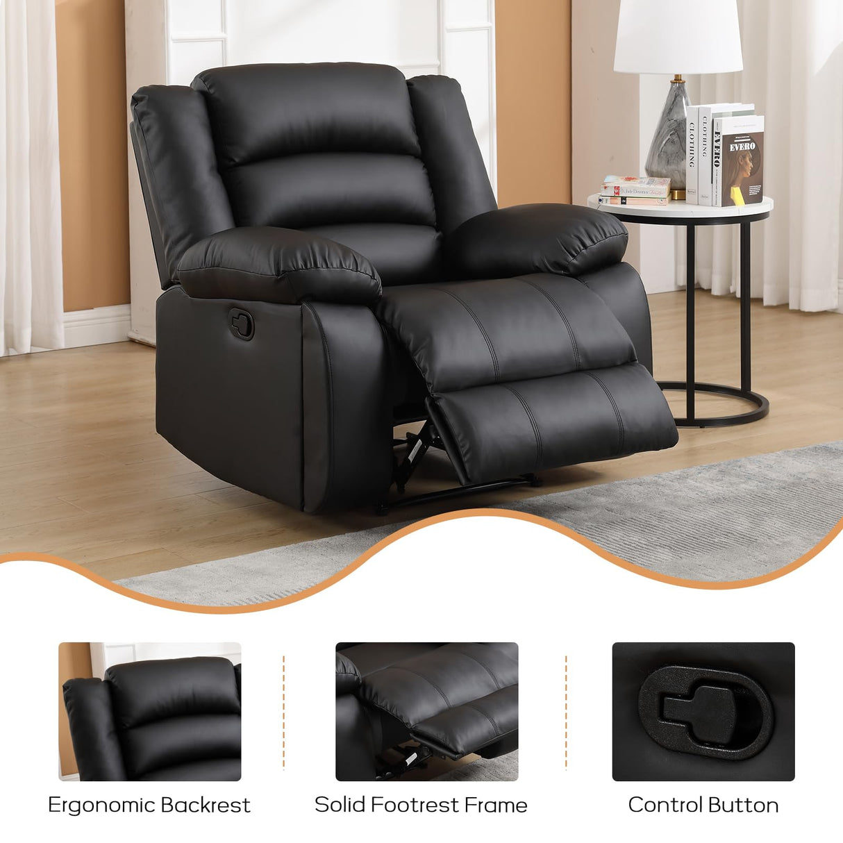 EBELLO Faux Leather Manual Recliner Chair, Single Reclining Sofa Chair Couch with 2 Concealed Cup Holders, Overstuffed Armrest Backrest for Living Room, Bedroom, Meeting Room, Black EBELLO