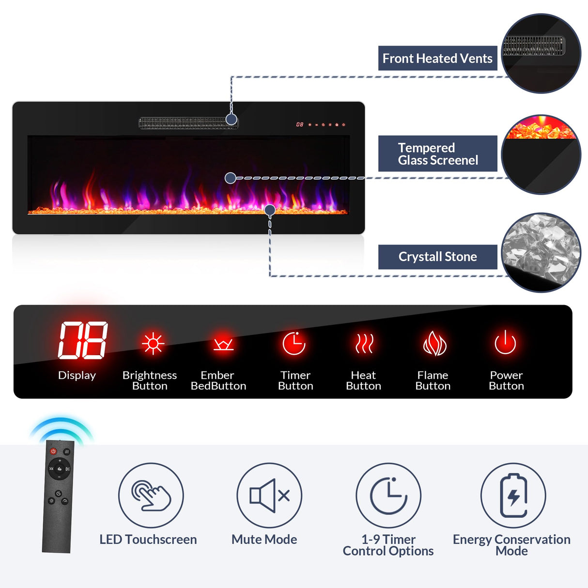 BELLEZE 79" TV Stand for TVs up to 85", LED Light Entertainment Center with 42" Electric Fireplace Heater, Storage Cabinet with USB AC Outlet, Media Console Table for Living Room - Avenue (Black) BELLEZE