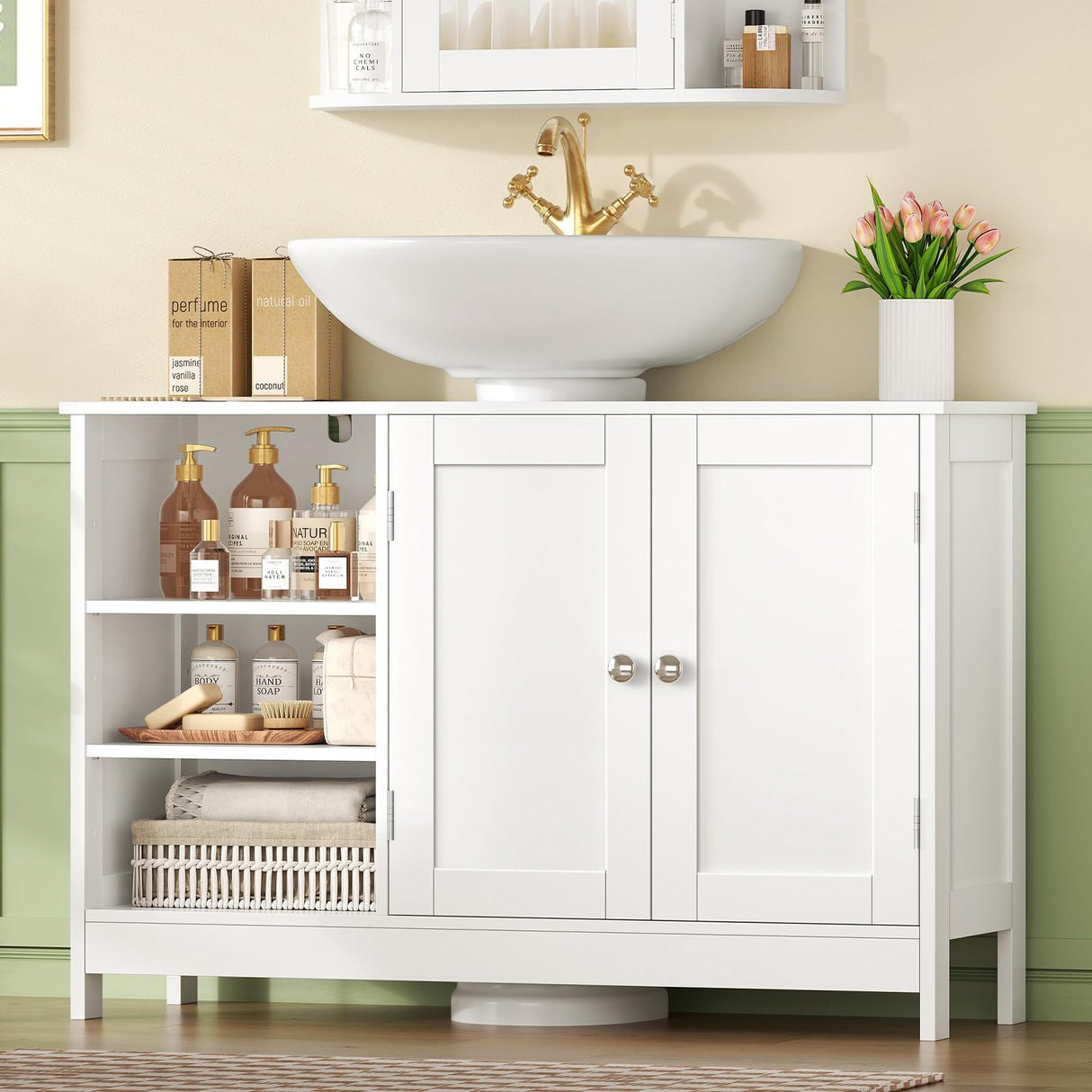 TEENFON 35.4" Pedestal Sink Storage Cabinet with 2 Doors and Adjustable Shelves, Bathroom Sink Cabinet, Under Sink Storage with U-Shape Cut-Out, White TEENFON