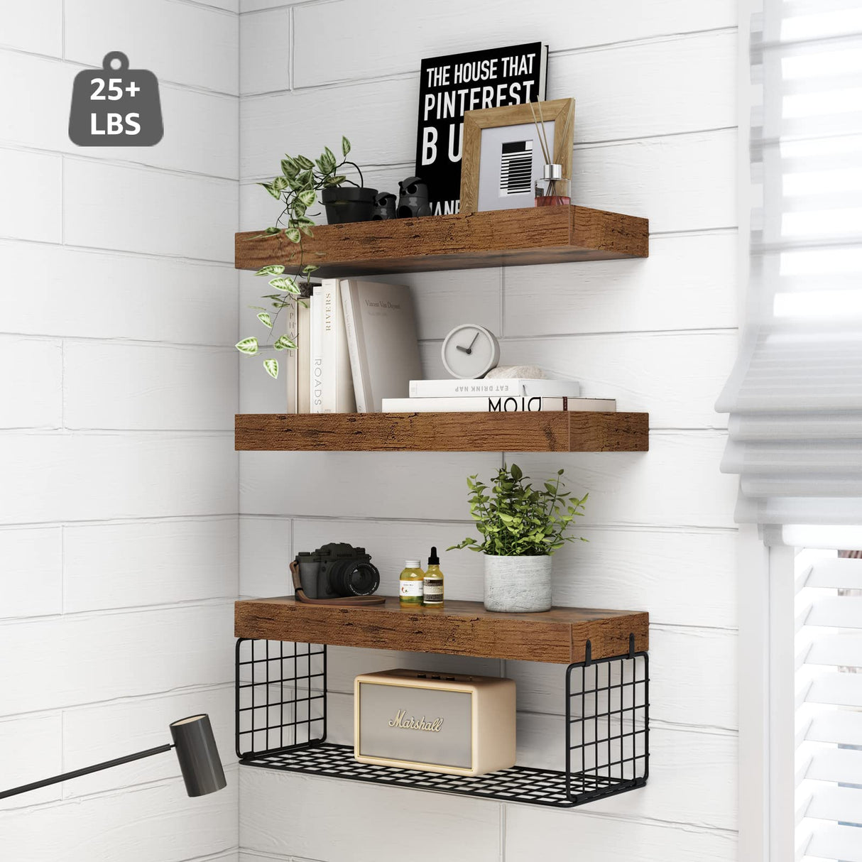 QEEIG Bathroom Shelves Over Toilet Wall Mounted Floating Shelves Farmhouse Shelf Toilet Paper Holder Small 16 inch Set of 3, Rustic Brown (019-BN3) QEEIG