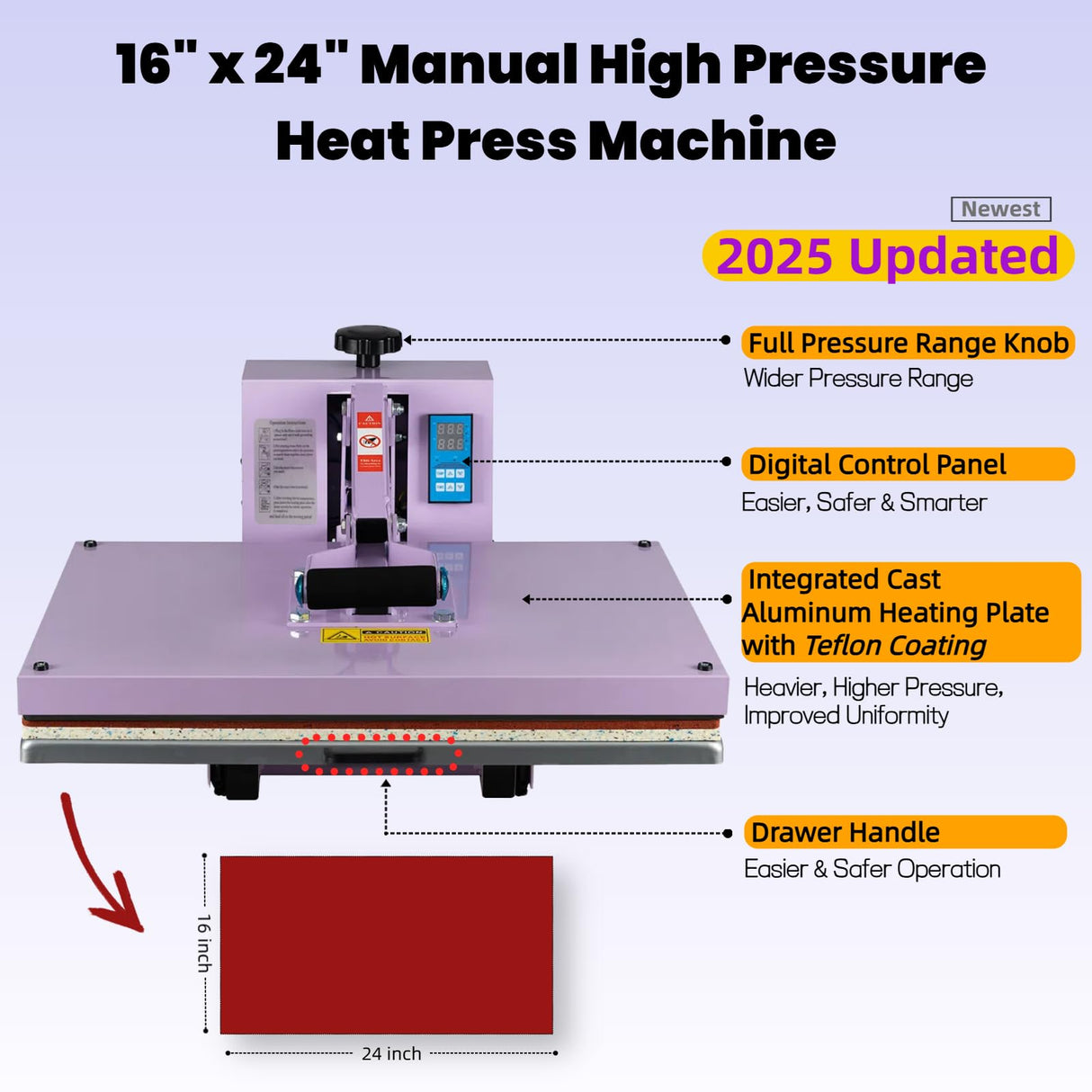 16x24 Heat Press Machine for T Shirts,1.8-2kw, Slide Out Sublimation Heat Transfer Press Suitable for Family, Small Business, or Industrial Use. (Purple, 16x24 Manual) Eonvest
