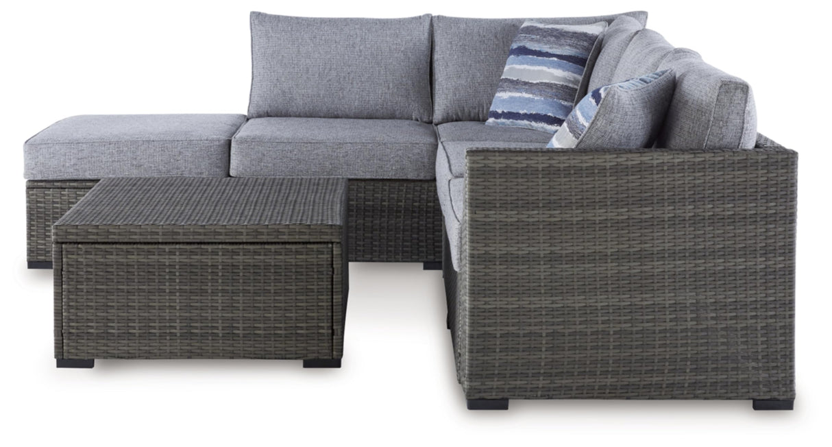 Signature Design by Ashley Petal Road Casual Weather Resistant Cushioned Outdoor Loveseat Sectional/Ottoman/Table Set with 2 Throw Pillows, Set of 4, Gray Signature Design by Ashley