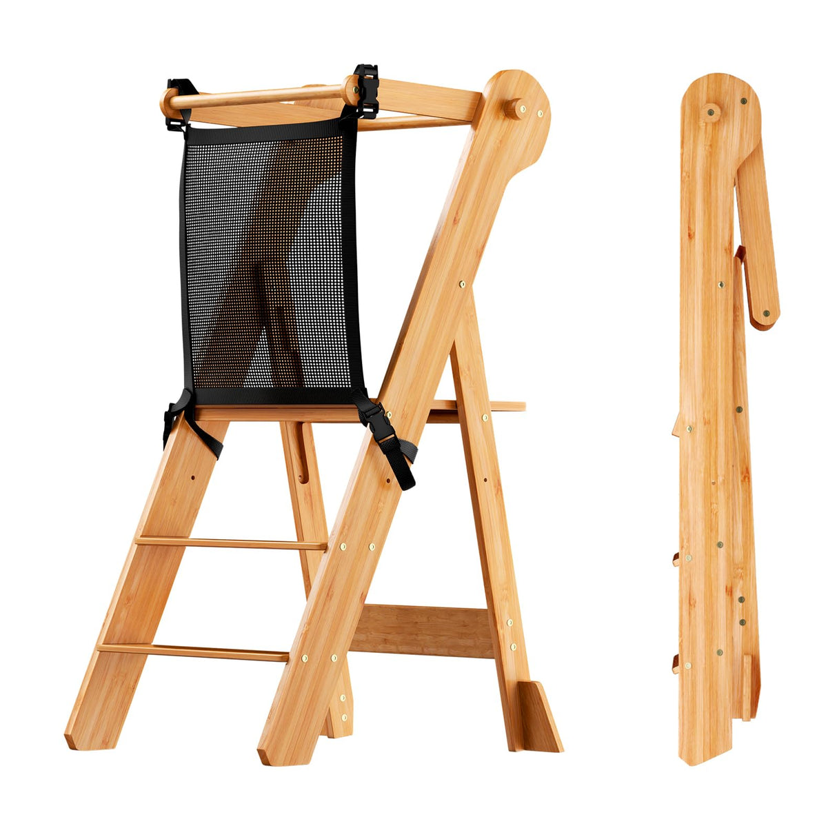 COSYLAND Foldable Toddler Standing Tower - Adjustable Height Folding Step Stool Kids Toddler Kitchen Stool Helper for Learning and Cooking - Ages 18 Months to 6 Years with Safety net Natural COSYLAND