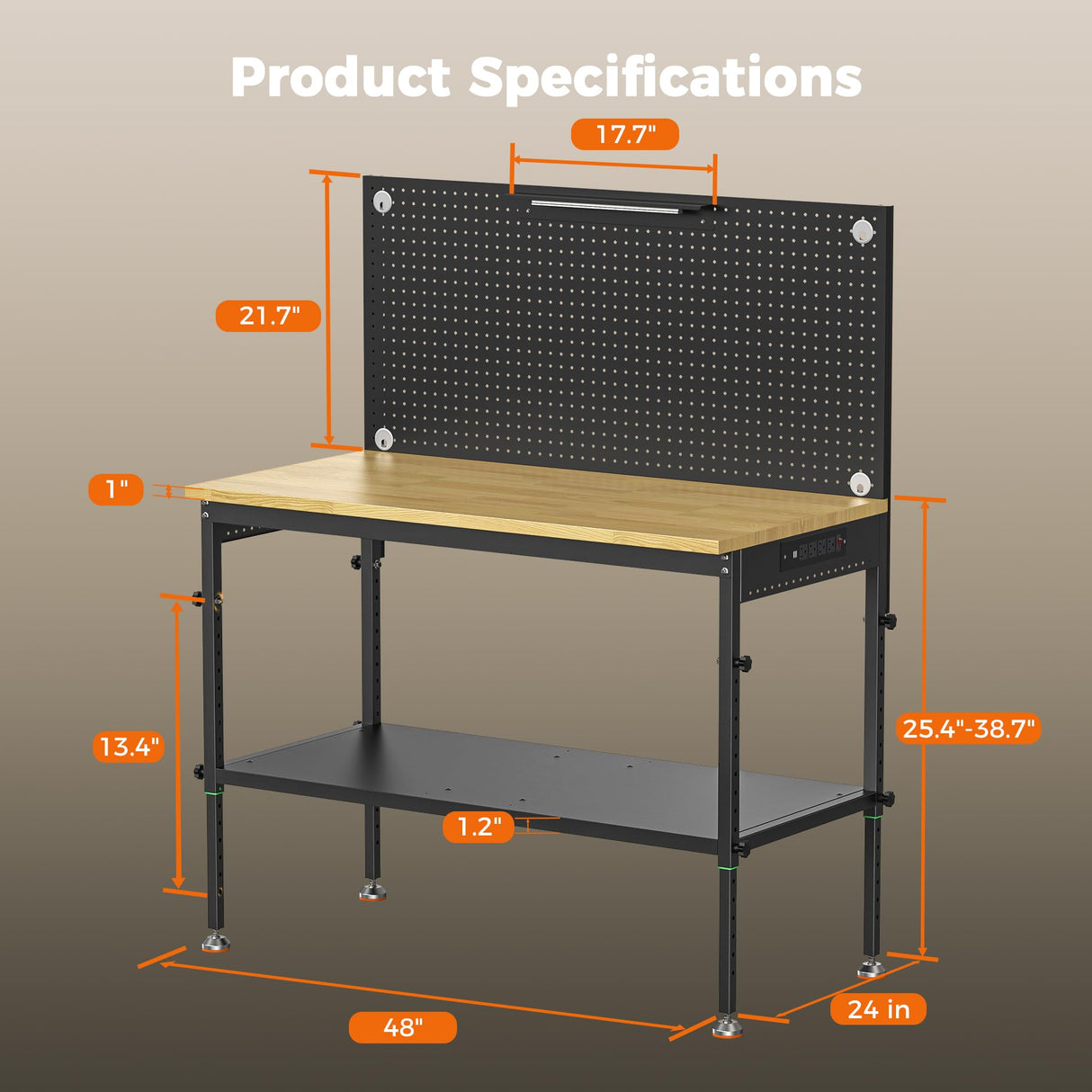 CAMMOO 48" Heavy Duty Work Bench Adjustable Height Max Load 2000 LBS with Storage Shelf for Garage Workbench, Rubberwood Tabletop with Pegboard, LED Light, Built-in Power Strip for Woodworking Shop CAMMOO