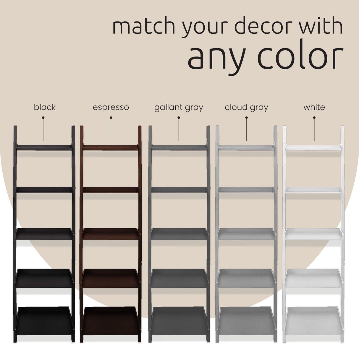 Kiera Grace Providence Hadfield 5 Tier Ladder Shelf Modern Leaning Bookshelf Storage Rack for Home, Office, 18" x 67", Black Kiera Grace