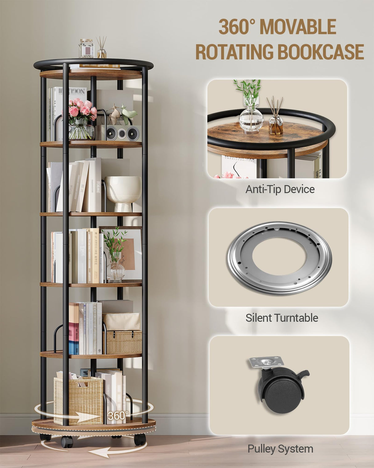 Hzuaneri Rotating Bookshelf, 360° Spinning Bookshelf Tower, Display Revolving Bookcase, Round Book Shelf, Narrow Swivel Bookshelves for Small Space, Bedroom, Living Room, Rustic Brown, BC52101B Hzuaneri