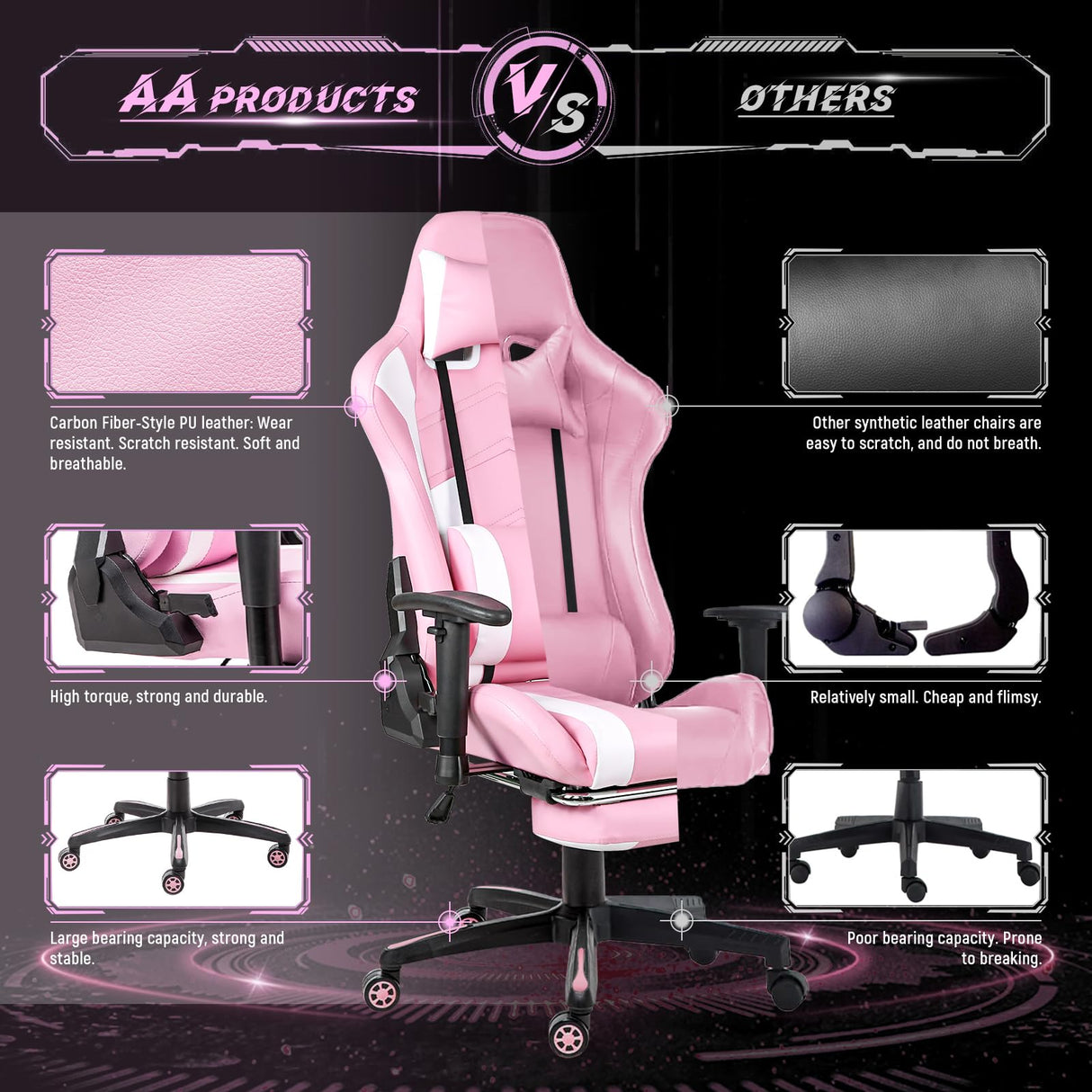 AA Products Gaming Chair Ergonomic High Back Computer Racing Chair Adjustable Office Chair with Footrest, Lumbar Support Swivel Chair - WhitePink AA Products Inc.