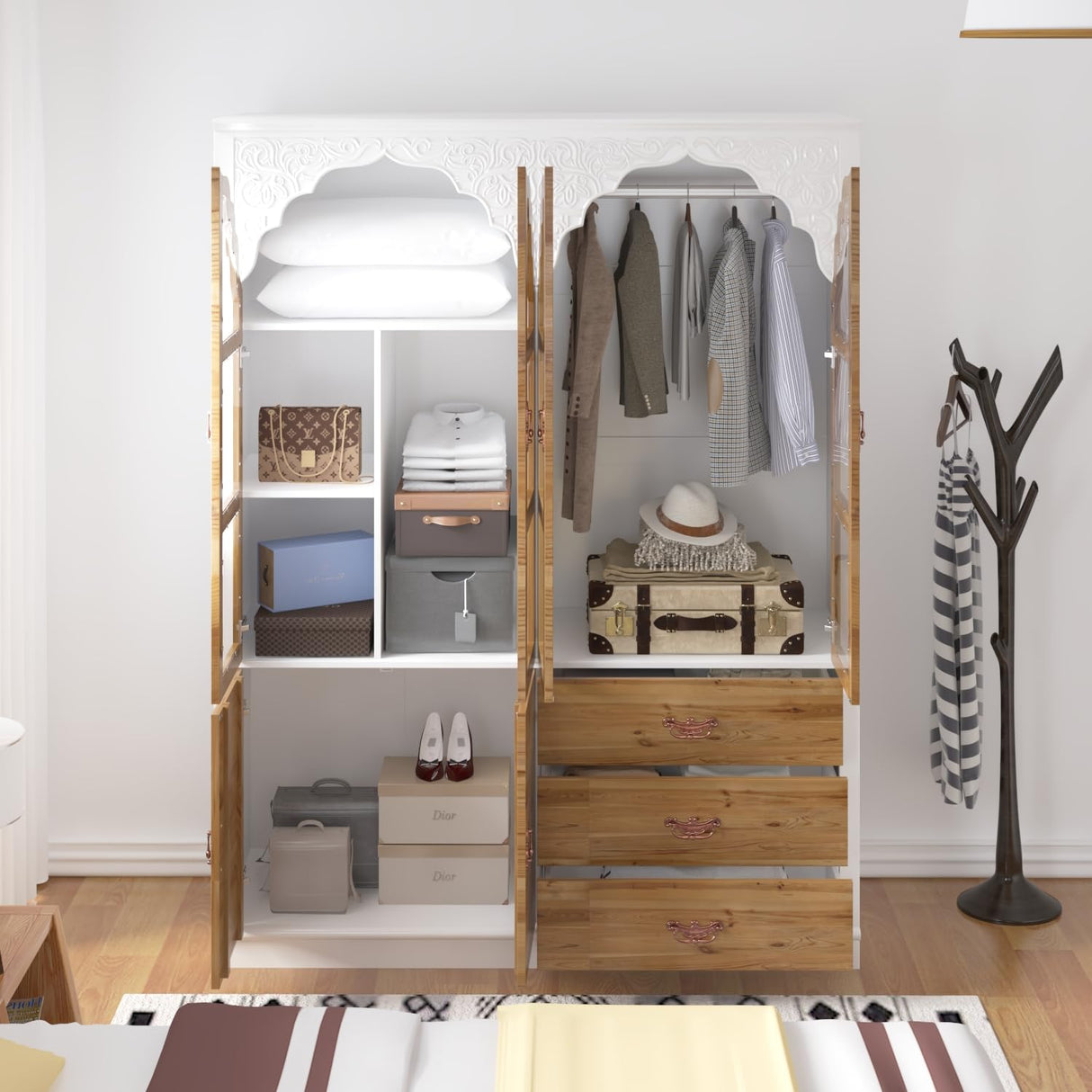 ECACAD 75.7" H Wardrobe Armoire Closet with 4 Carved Glass Doors, 3 Drawers, 6 Compartments & Hanging Bar, Wooden Closet Storage Cabinet with Patterns for Bedroom, Brown & White ECACAD