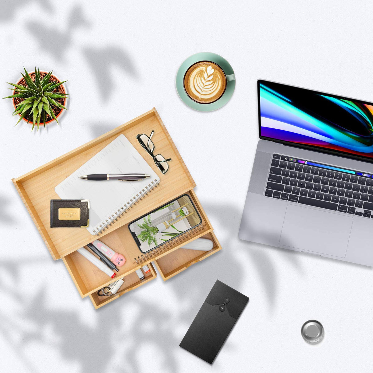 Wisuce Bamboo Desk Organizer, Mini Desktop Drawer Tabletop Storage Organization Box for Office Home Toiletries Supplies Vanity, No Assembly Required (3 Drawer with Shelf) Wisuce