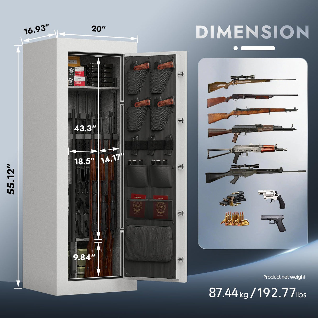 KAER Fireproof 20 Gun Safe 1400°F / 45 Minutes Biometric Gun Safe for Rifles and Pistols Rifle Safe Gun Cabinet Quick Access Gun Safes with Adjustable Shelf and Gun Rack (White) KAER