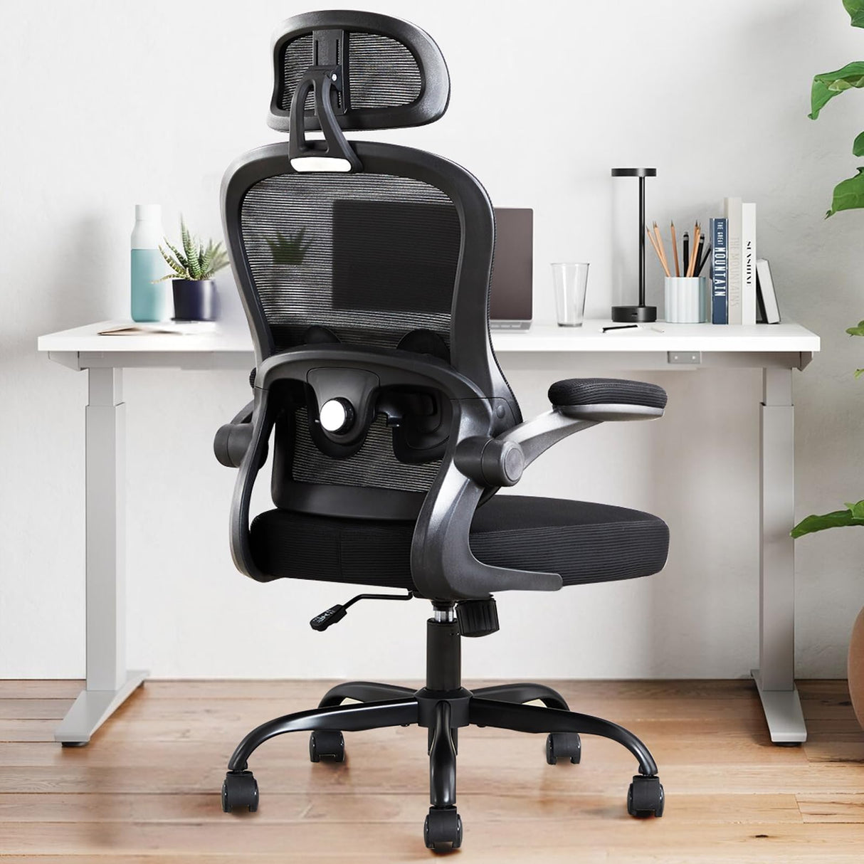 TUKAKA Ergonomic Office Chair,Ultra Thick Office Desk Chair with Adjustable Lumbar Support and Headrest,Spring Cushion,Rocking Function,Flip-up arms,Mesh Computer Chair for Home Office,White TUKAKA