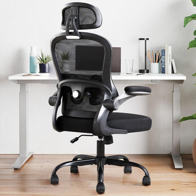 TUKAKA Ergonomic Office Chair,Ultra Thick Office Desk Chair with Adjustable Lumbar Support and Headrest,Spring Cushion,Rocking Function,Flip-up arms,Mesh Computer Chair for Home Office,White
