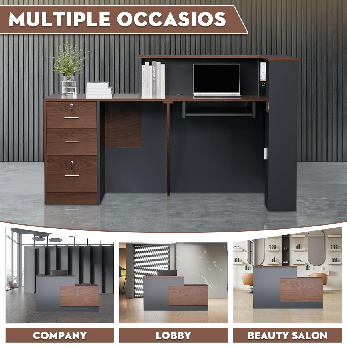 L-Shaped Large Wooden Reception Desk, Modern Front Desk Reception Counter with Lockable Drawers & Storage & Keyboard Tray, for Checkout, Lobby (Left-Walnut/Black, 71''L x 42''W x 41''H) Yorkgargen