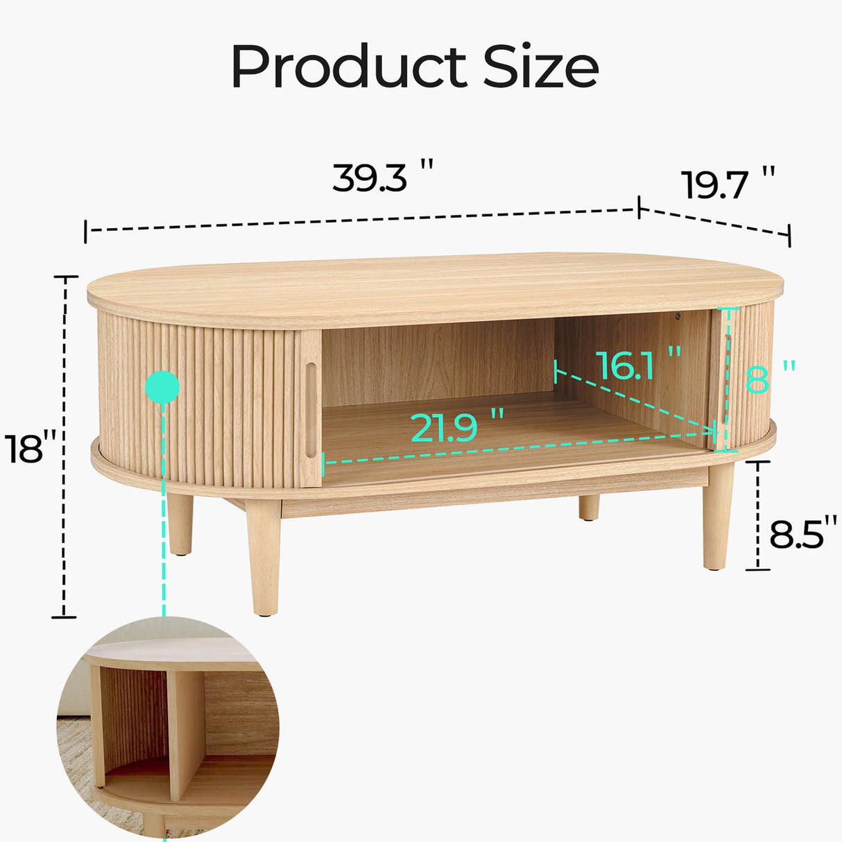 LINSY HOME Oval Coffee Table, Wood Coffee Table with Storage, Fluted Accent Center Table with Sliding Tambour Door, 39" Boho Coffee Tables for Living Room, Bedroom, Apartment, Oak