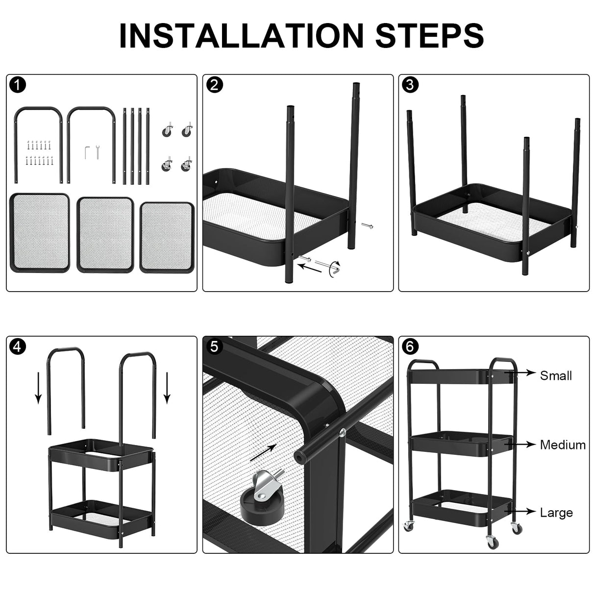 PNVXNUS 3-Tier Rolling Metal Storage Cart with Wheels, Multi-Functional Organizer for Office, Kitchen, Bathroom, Books Diapers - Easy Assembly (Black) PNVXNUS