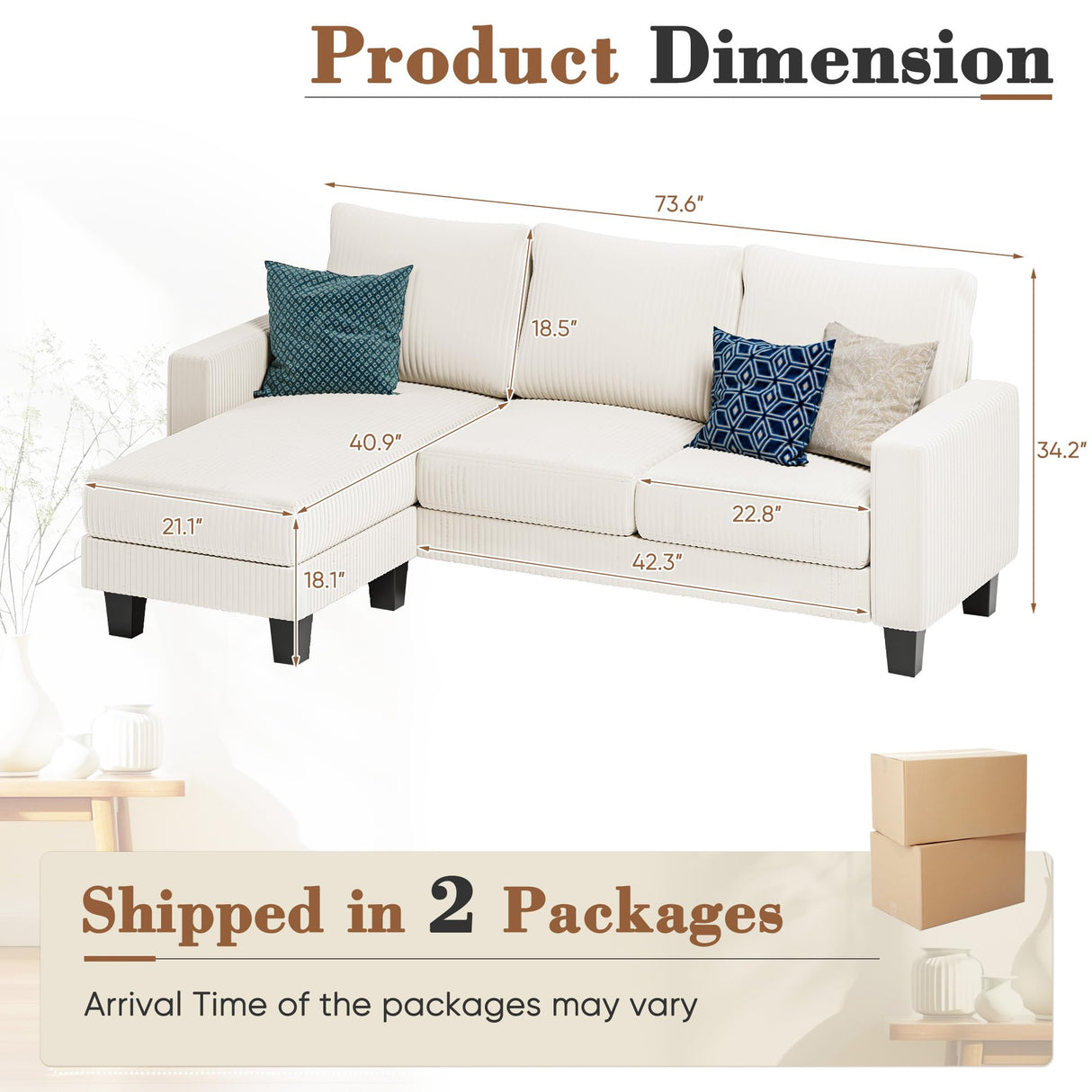 Homall Sofa for Living Room, Couch with Convertible Chaise, 3 Seat L-Shaped Sofas, Comfy Corduroy Couches for Apartment, Small Space, Cream Homall