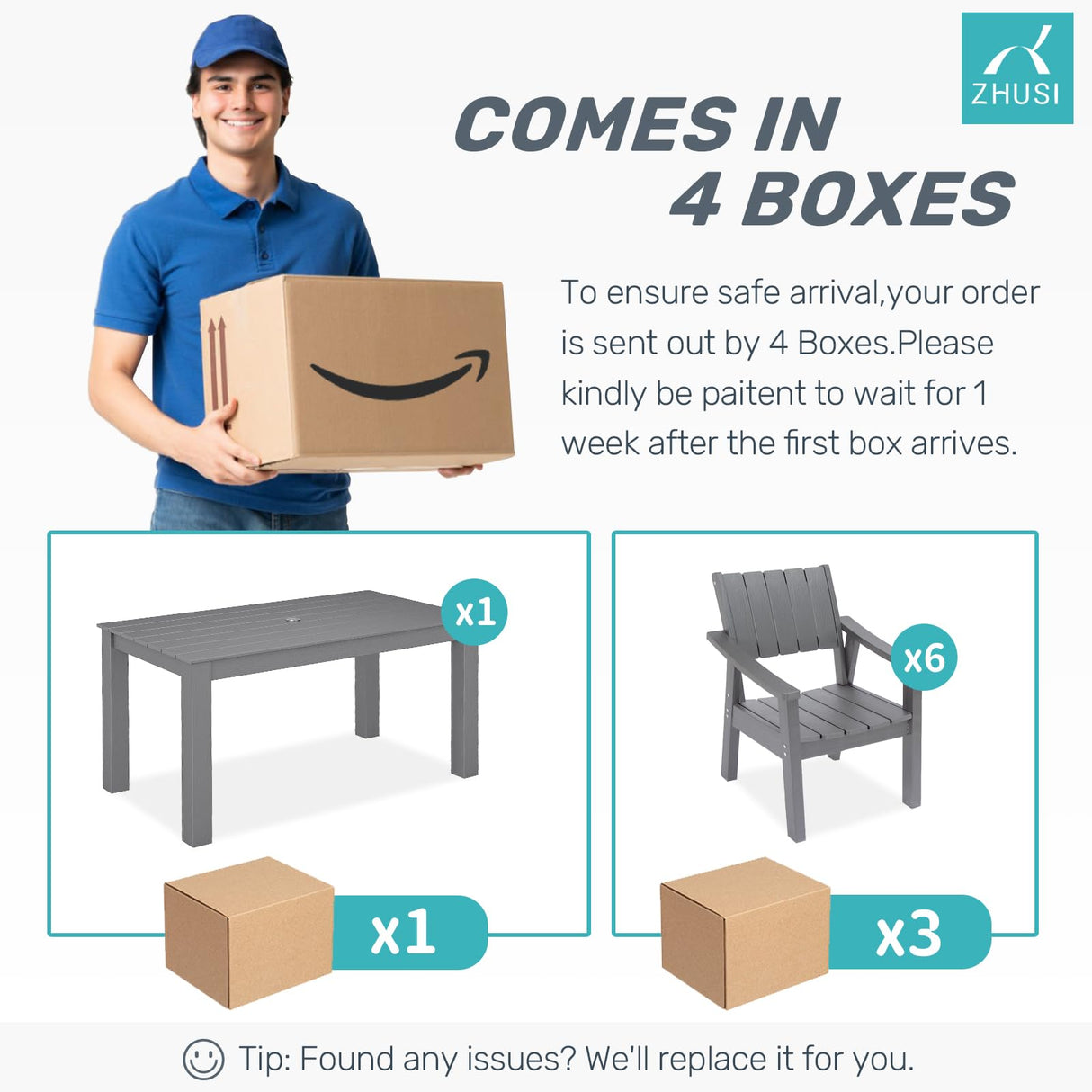 ZHUSI Patio Table and Chairs Set,HDPE Outdoor Dining Set with Umbrella Hole for Backyard, Poolside, Porch,All Weather,Grey ZHUSI