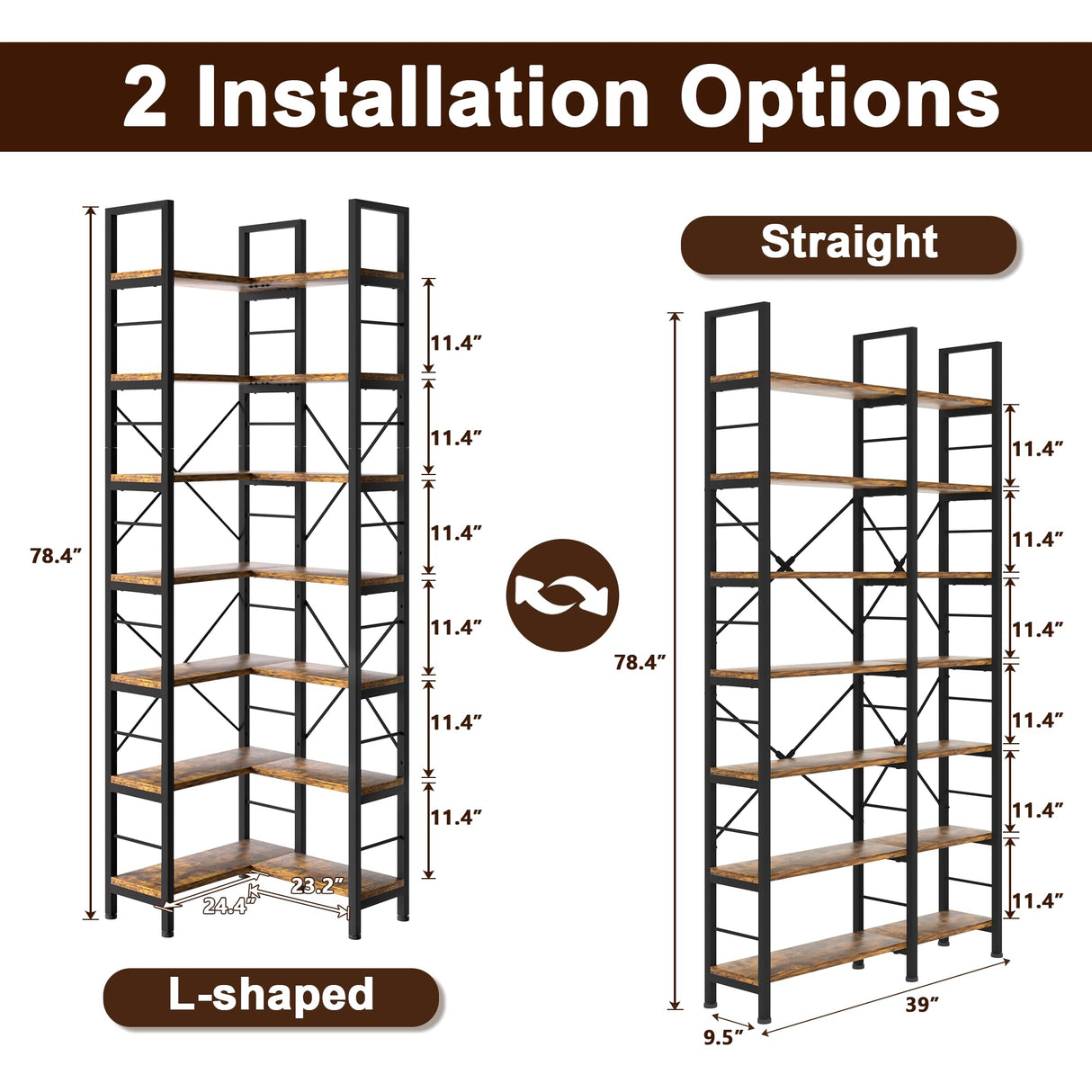TEROL 7-Tier Corner Bookshelf, Reversible Wooden Shelves, Industrial Bookcase with Open Shelves and Sturdy Metal Frame, Display Shelf Storage Rack for Living Room, Bedroom, Home Office (Rustic Brown) TEROL