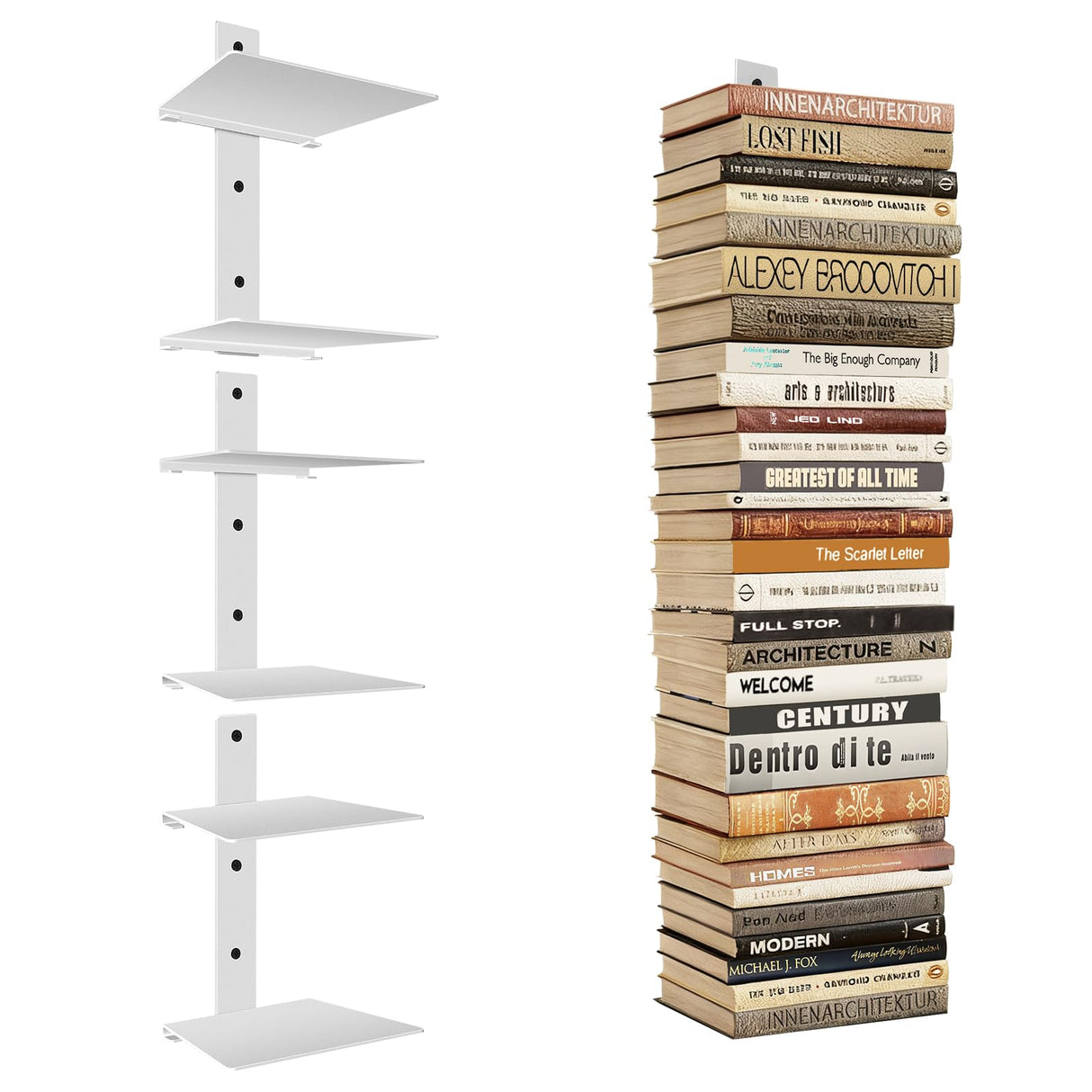Professional Invisible Floating Book Shelves for Wall, 6 Tier Vertical Spine Book Tower Hanging Bookshelves, Wall Mounted & Space Saving, Heavy Duty Metal Book Organizer for Home Office, 3 Pack White Ninwod