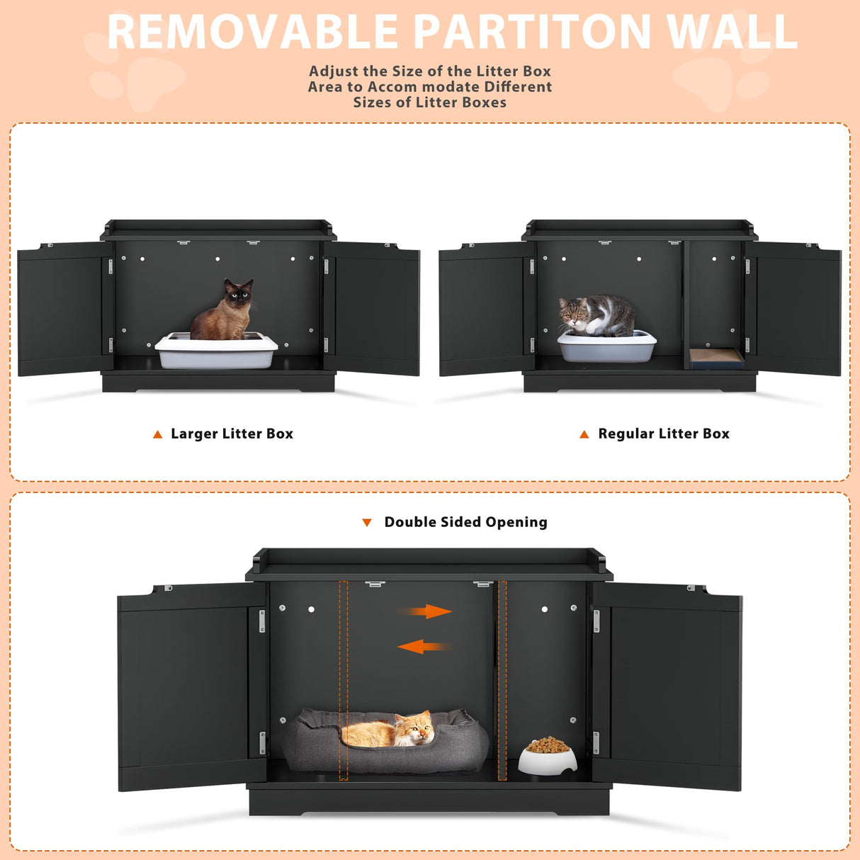 Cat Litter Box Enclosure, Litter Box Furniture Hidden, Wooden Cat Washroom, Cat Litter Box Cabinet, Indoor Cat House w/Removable Divider, as Table Nightstand Storage Bench (Black) Pet Republic