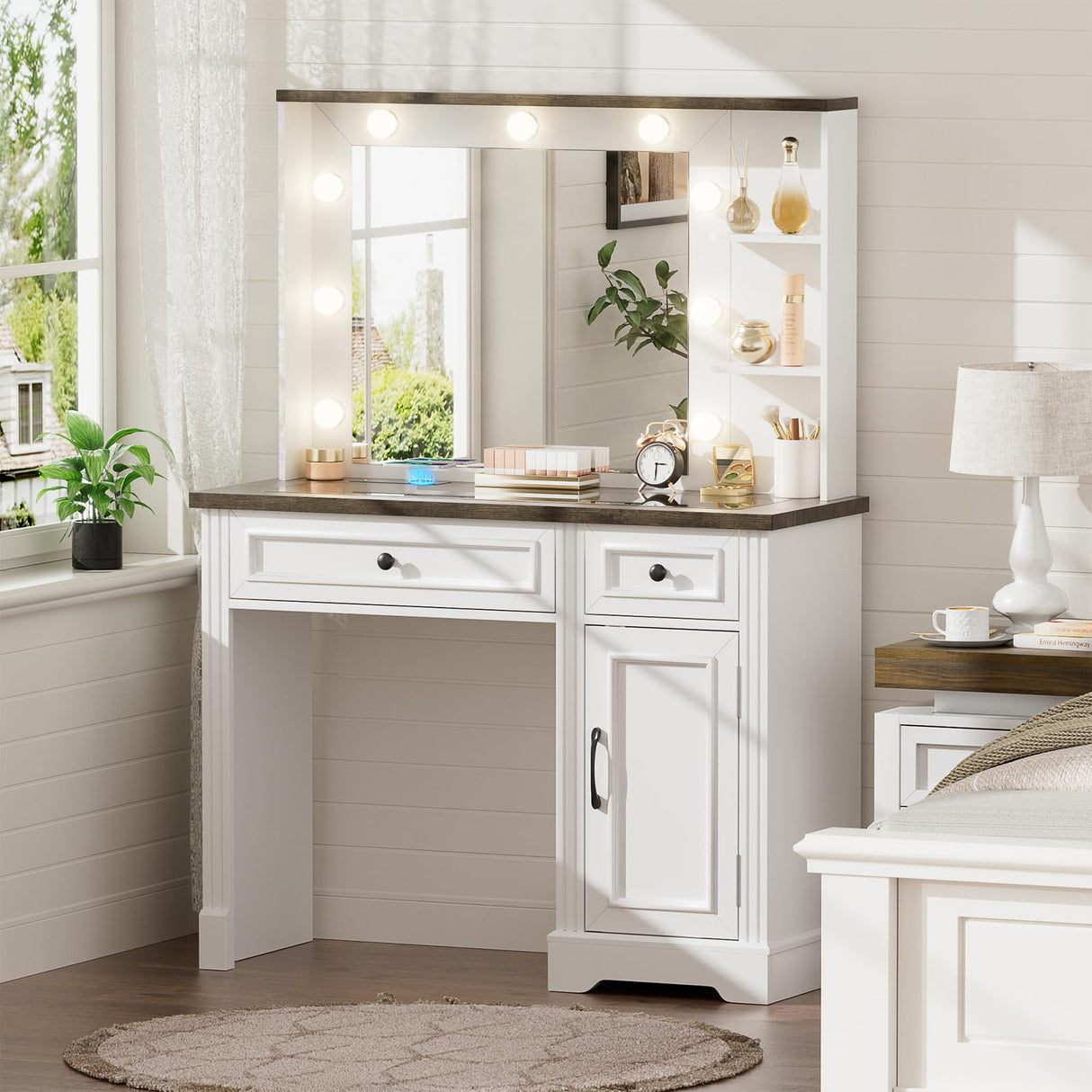 BROTTAR Large Vanity Desk with Mirror and Lights, Farmhouse Makeup Vanity with Wireless Charging Station, White Dressing Table with 2 Drawers & Storage Cabinet for Bedroom, Dressing Room BROTTAR