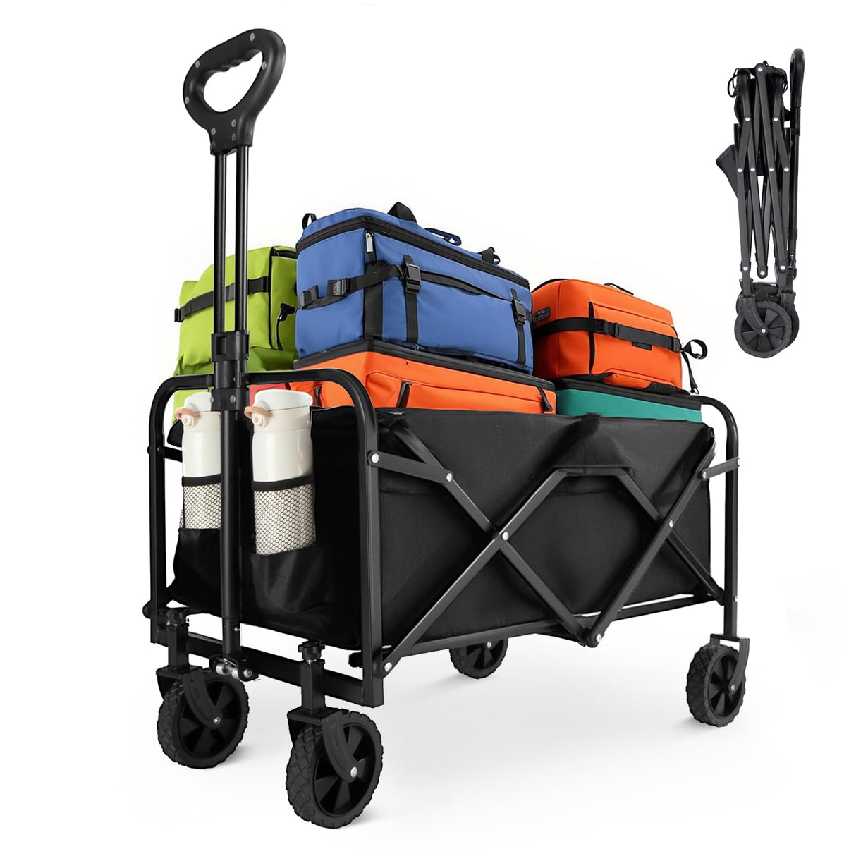 Collapsible Wagon 220 lbs, Heavy Duty Wagons Carts Foldable, Portable Wagon for Groceries, Beach Cart with All-Terrain Wheels & Drink Holders, Wagon Cart for Shopping, Sports, Outdoor Camping, Black PASAMIC