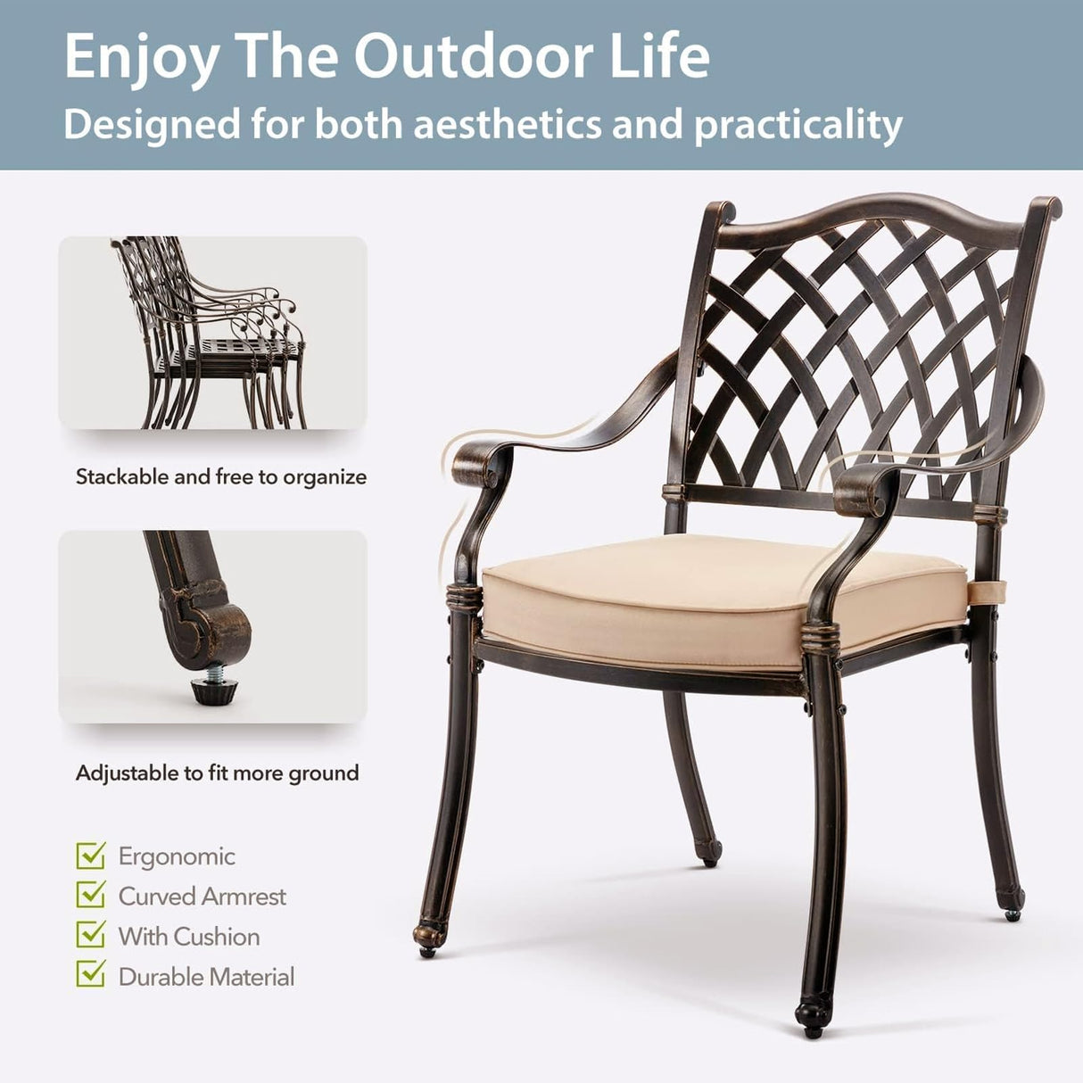 AIWOEN 7-Piece Cast Aluminum Patio Furniture, Patio Dining Set for 6 Include 59" Rectangular Outdoor Dining Table and 6 Stackable Chairs with Cushions & Umbrella Hole (Bronze) AIWOEN