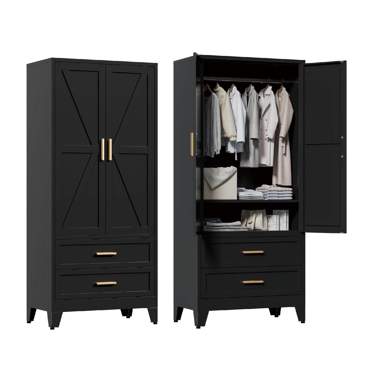 Washsemba 71'' Farmhouse Metal Wardrobe Cabinet with Hanging Rod, 2 Barn Door Wardrobe Closet with Adjustable Shelves,2 Drawer,for Dining Room,Bedroom,Living Room, Cloak Room,Office (Black) Washsemba