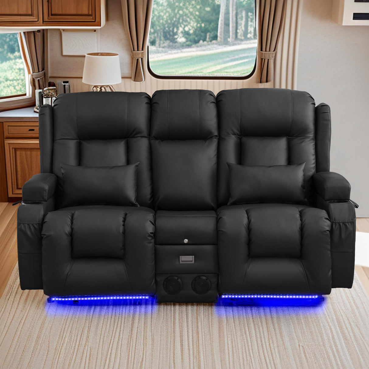TUNYI Wall Hugger Power Loveseat Recliner - Reclining Loveseat with Console Theater Seating RV Recliner Sofa with USB/Outlet/Speaker/Cup Holder/LED Light/Storage (Black) TUNYI