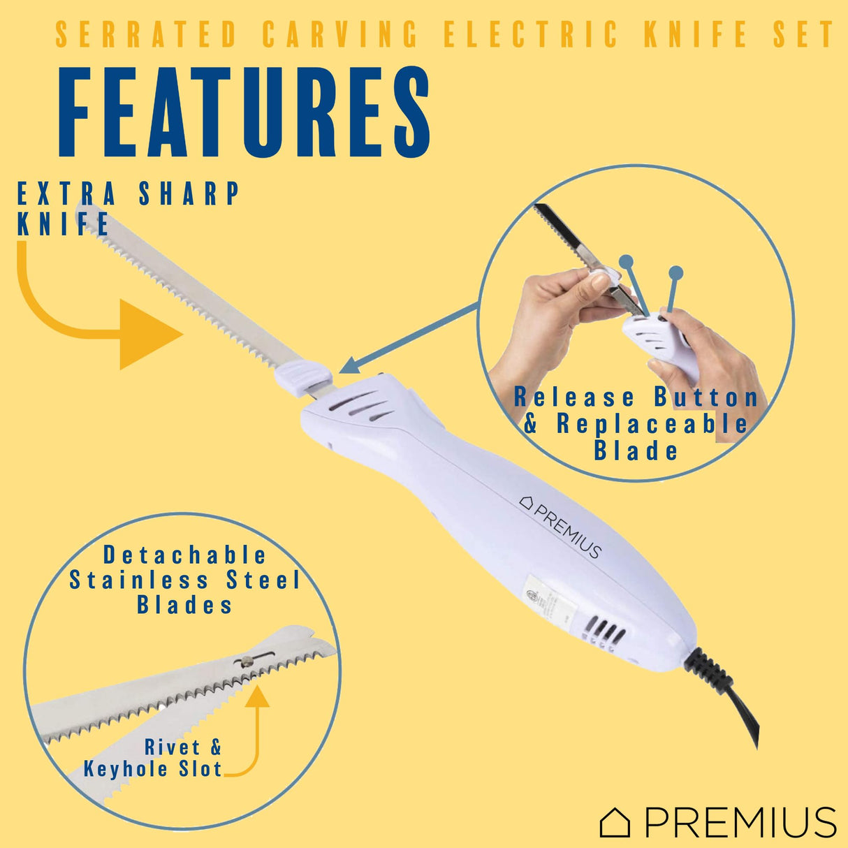 SERRATED CARVING ELECTRIC KNIFE SET By Chef PRO, With Wooden Storage Block, 2 Interchangeable Stainless-Steel Blades, Precise Cutting and Carving of Meats, Fruits, Breads, Comfortable Design, White Chef Pro
