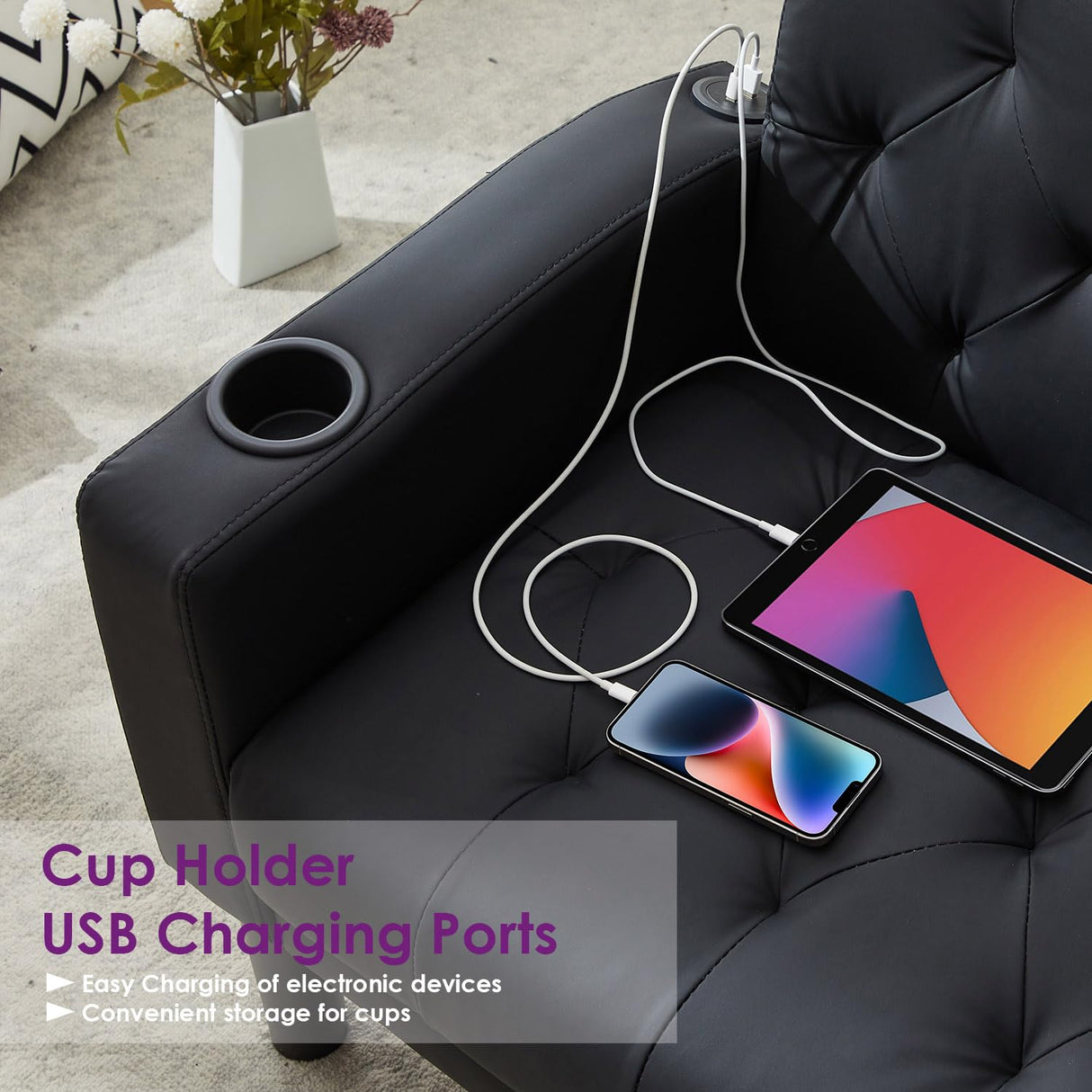 TYBOATLE 62" W Loveseat Sofa w/ 2 USB Charger Ports and 2 Cupholders, Mid-Century Modern Tufted Black Leather Small Love Seat Couches for Compact Living Room, Office, Bedroom, Apartment, Dorm TYBOATLE