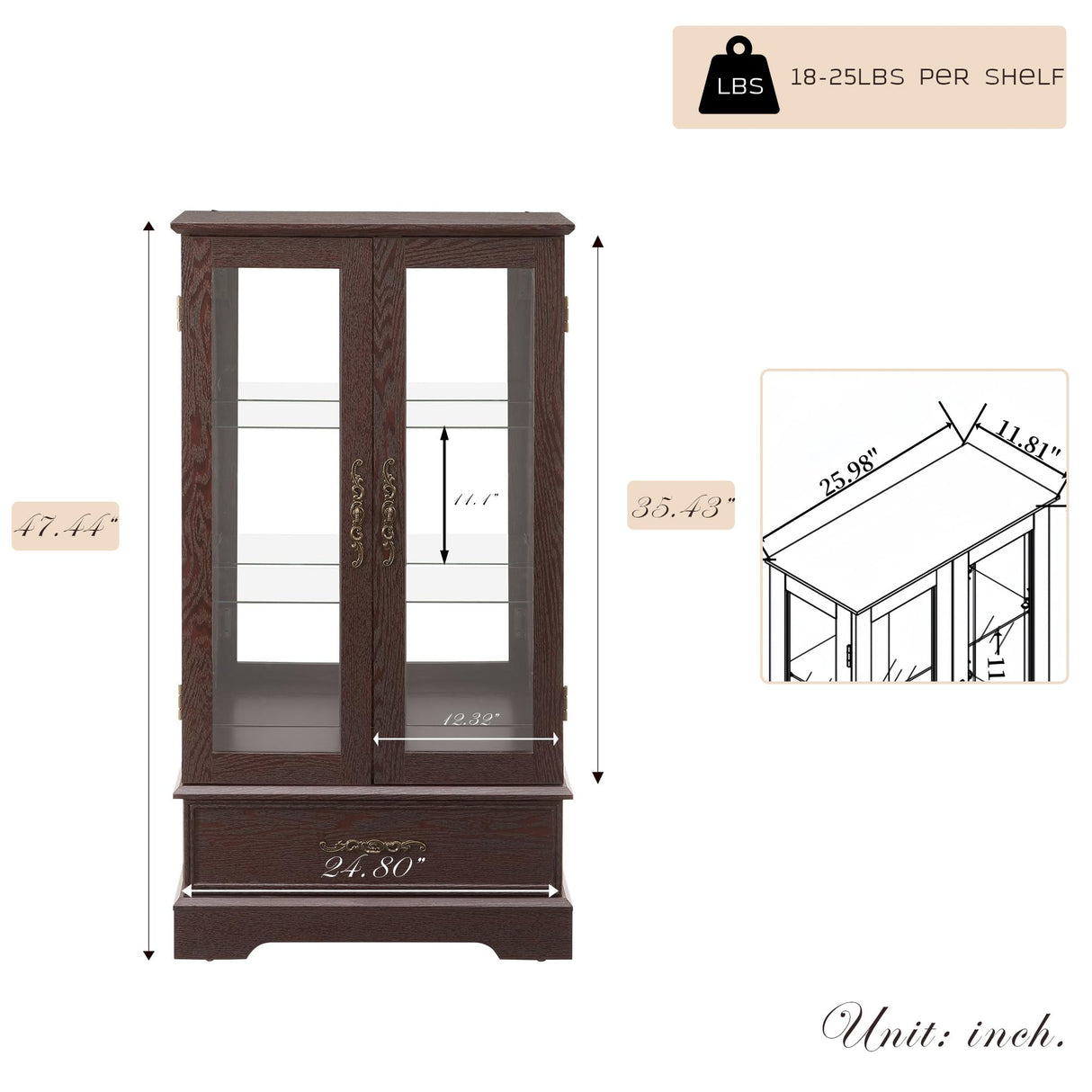 CKEASEAN Curio Cabinet 47" H Vintage Glass Display Cabinet with 3-Tier Adjustable Glass Shelves, Acrylic Mirrored Back Pane, Light Blub Included, China Cabinet for Living Room (Dark Cherry) CKEASEAN