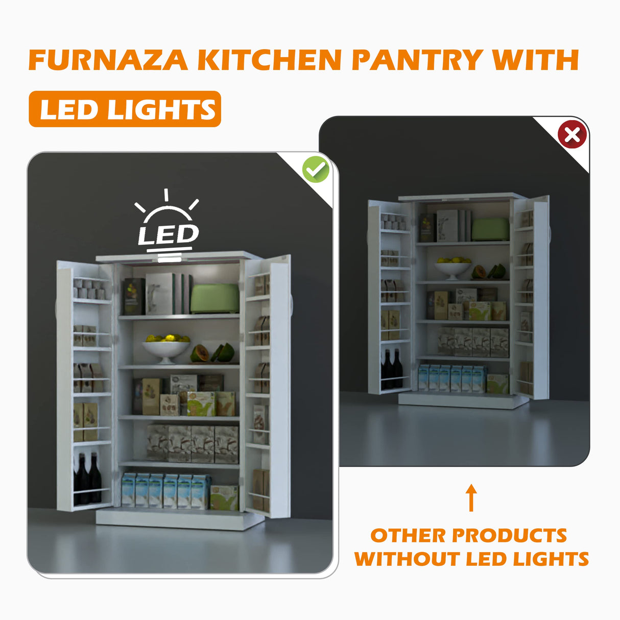 Furnaza 50" LED Kitchen Pantry Storage Cabinets - Food Cabinets Cupboards with 2 Doors with Racks and Shelves Adjustable for Small Space in Dinning Room, Living Room, in White Furnaza