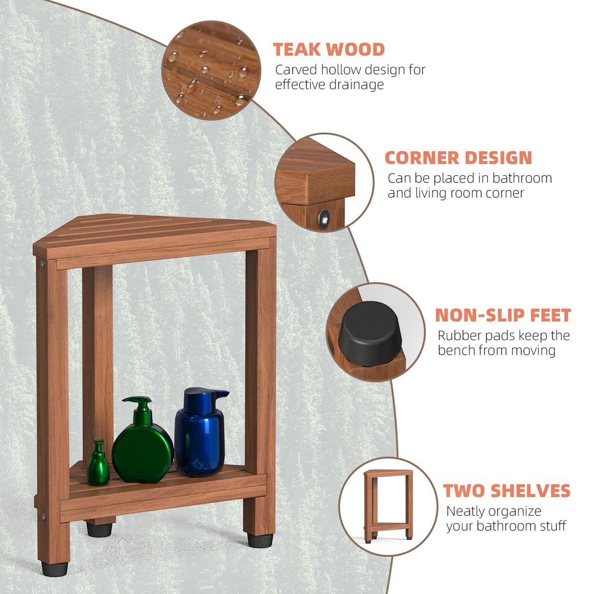 Corner Shower Stool for Shaving Legs, Teak Corner Shower Bench Stools for Inside Shower,Bathroom Shower Bench Seat Shower Foot Rest with Storage Shelf for Small Shower Spaces Samplife