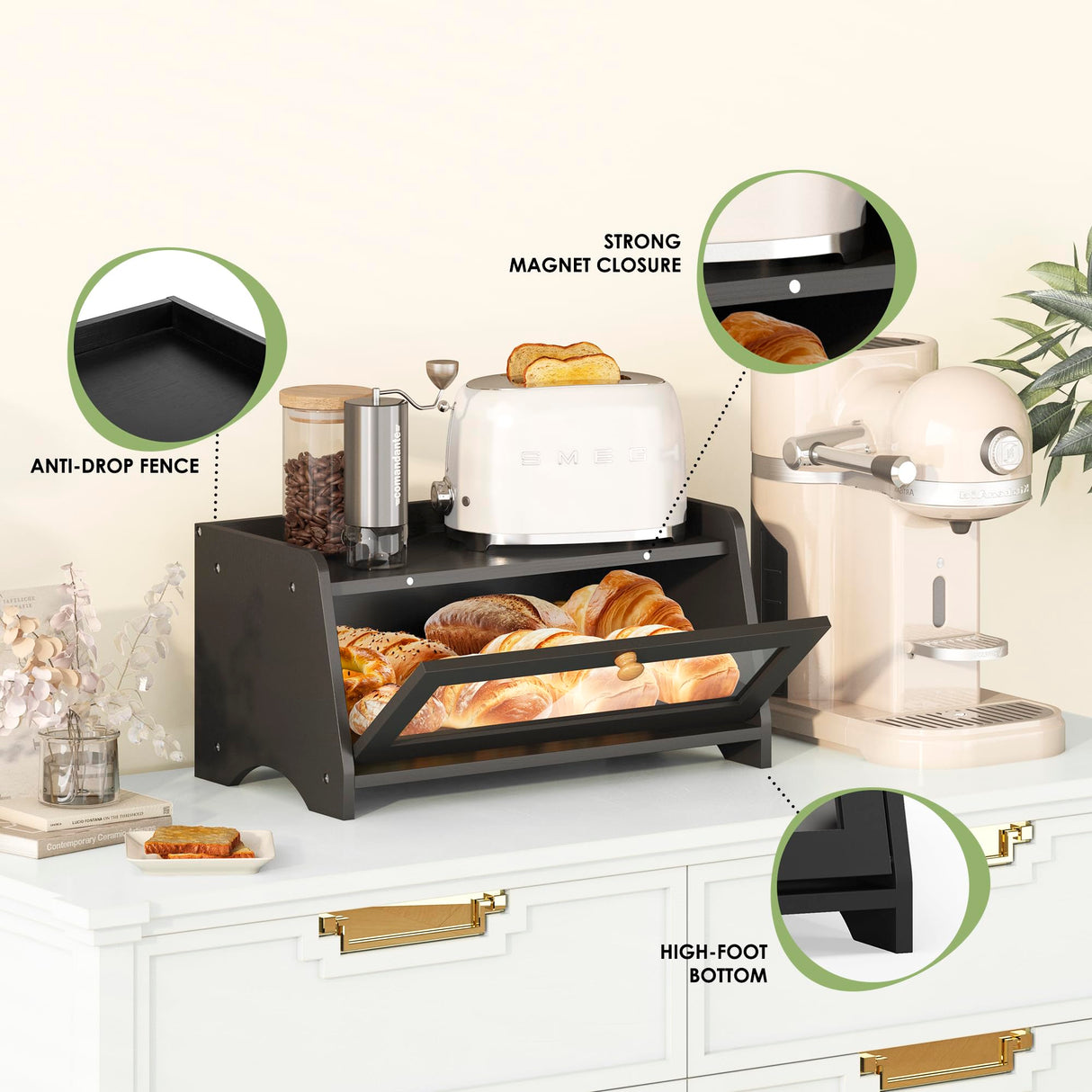 JANSNIMEN Bread Box for Kitchen Countertop, Large Bread Container Storage, Wooden Farmhouse Bread Box with Window Bread Holder (Black) JANSNIMEN