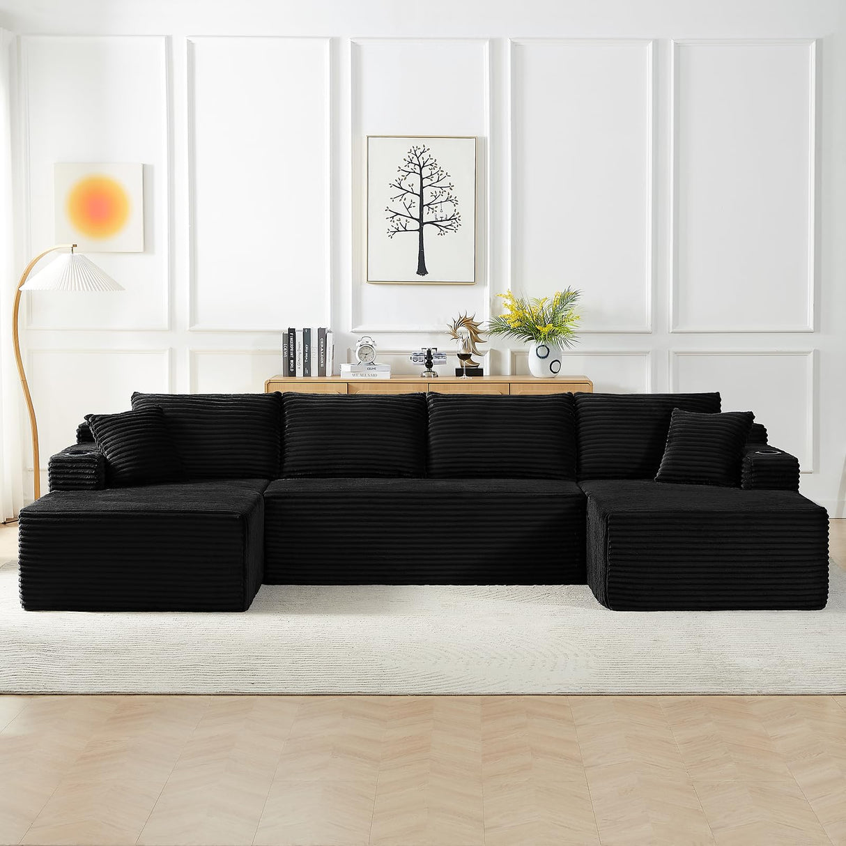 134 Inch U-Shaped Sectional Couch, Oversized Modular Corduroy Sofa with Double Chasies, 4-Seater Modern Deep Seat Boneless Cloud Couch for Living Room, No Assembly Required, Black GUANGHONG