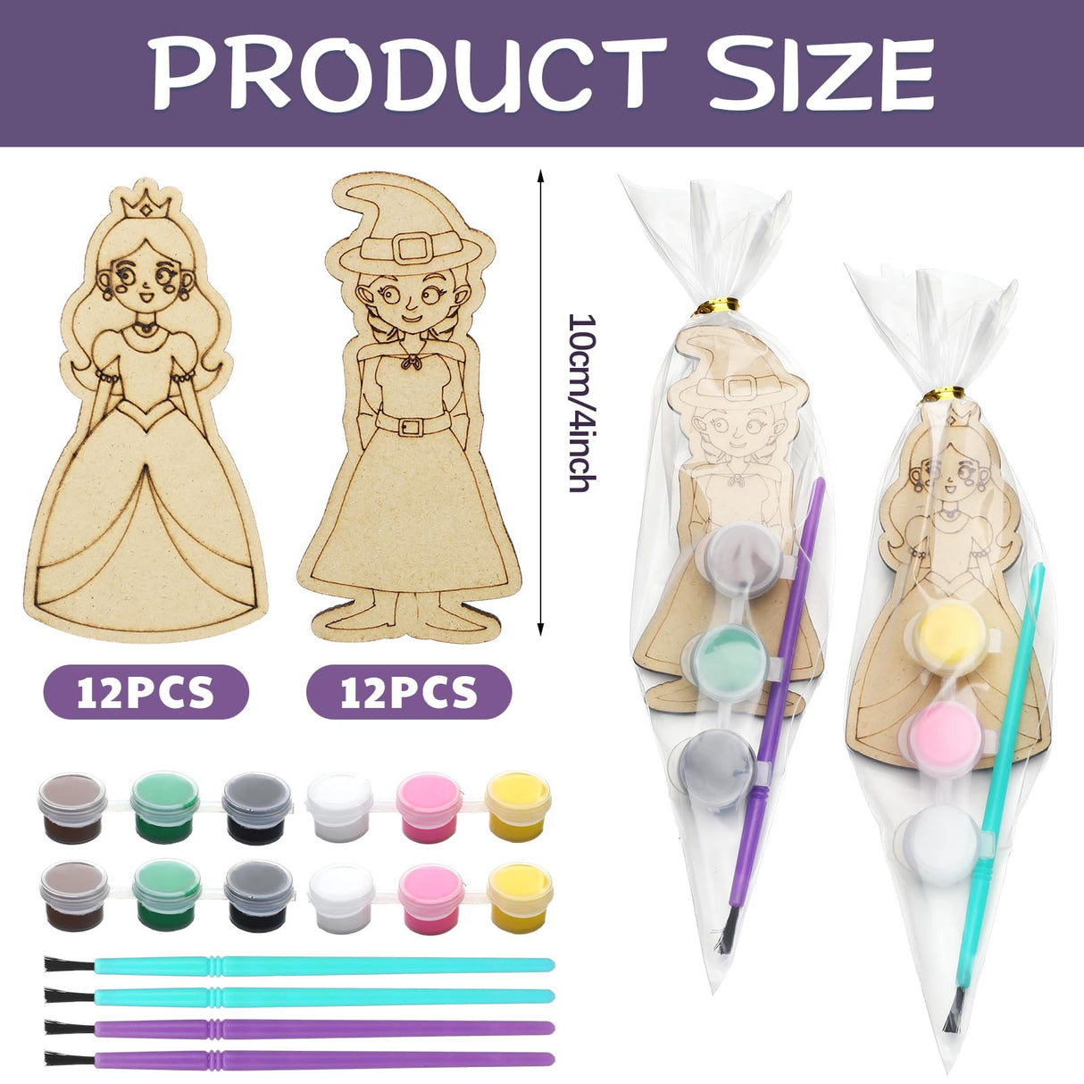 Honoson 24 Set Paint Your Own Witch and Princess Crafts DIY Wooden Painting Craft Kit Pink and Green Color Your Own Witch Princess for Birthday Gifts Party Favors Honoson