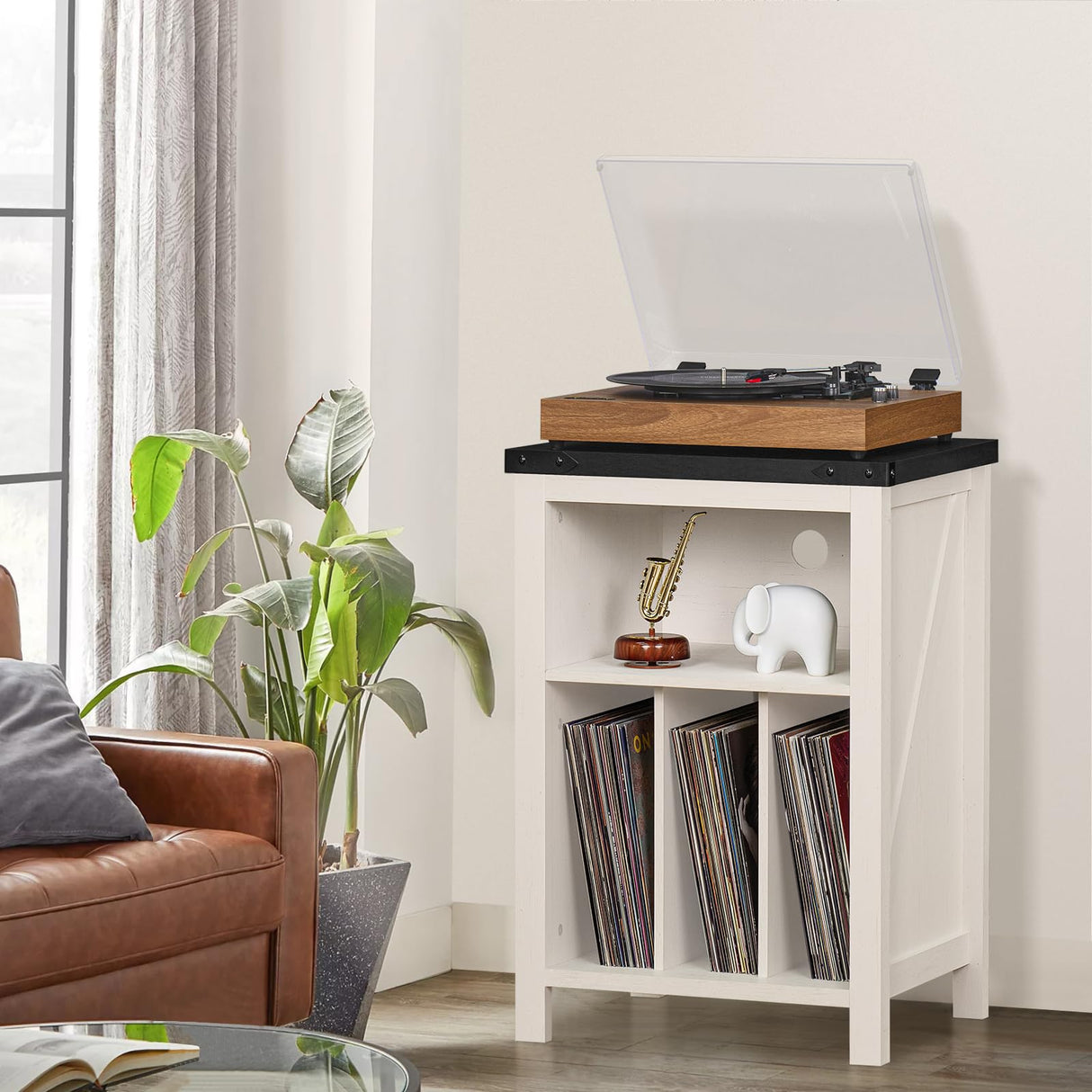 Record Player Stand with Vinyl Record Storage Holds up to 160 Albums,Large Wood Record Player Table Dispaly Shelf,White Turntable Stand Cabinet for Living Room,Bedroom,Office 8 Joaxswe